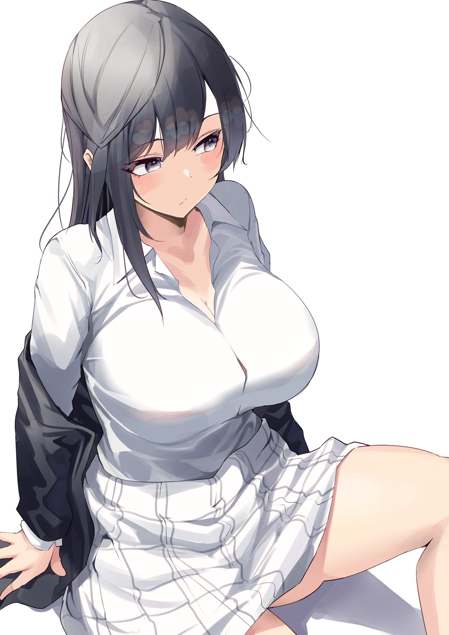 1girls, ass, big ass, big breasts, black hair, breasts, busty, female, female only, grey eyes, intermammary cleft, large breasts, looking down, love live!, love live! nijigasaki high school idol club, mostly clothed, nervous, no bra, school uniform, skirt, solo, tagme, thick thighs, thighs, tight clothing, white background, yamasonson, yuuki setsuna (love live!)