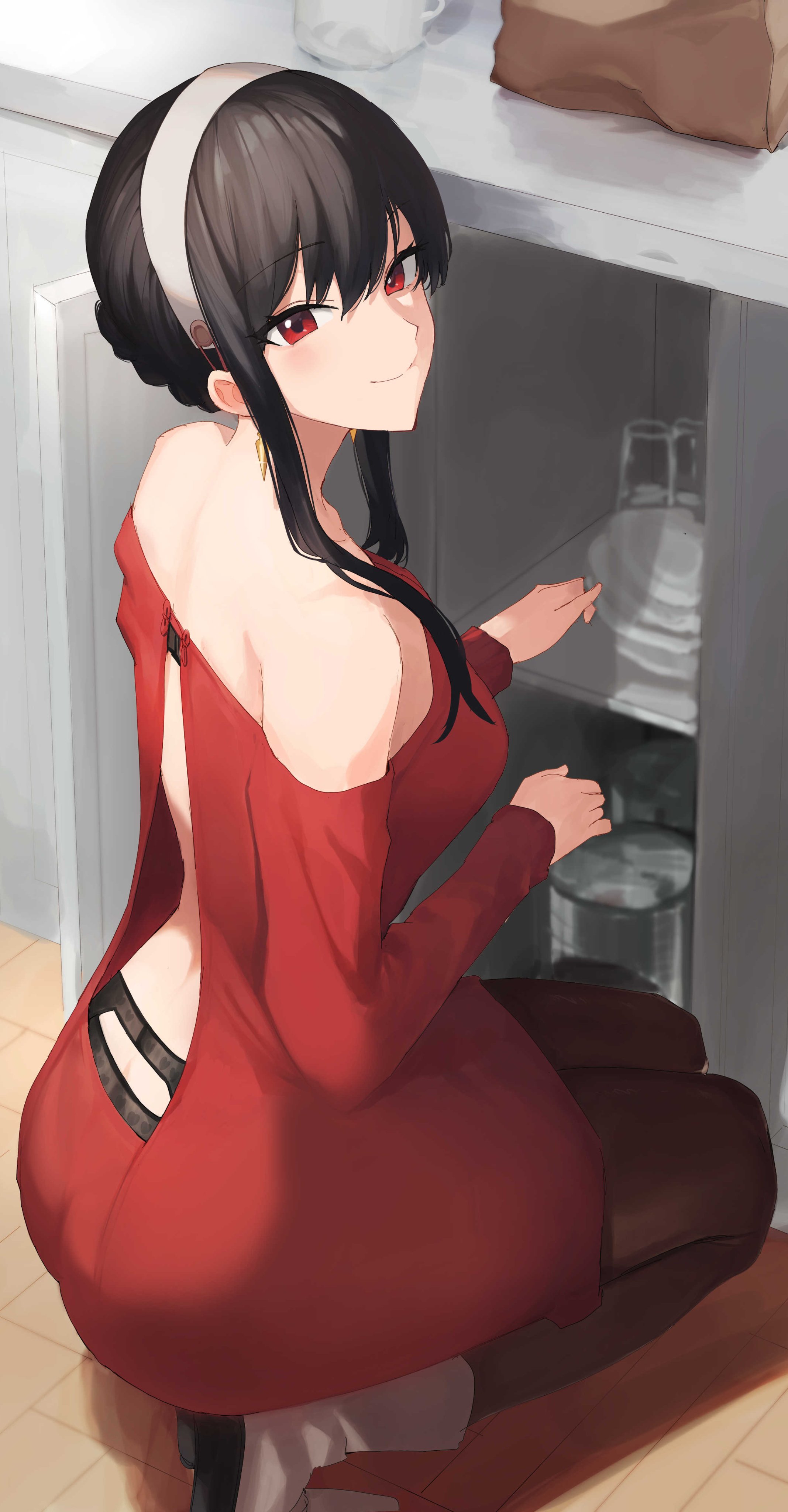 1girls, absurd res, absurdres, ass, assassin, back cutout, bare shoulders, big ass, black hair, bra, bra peek, breasts, brown pantyhose, closed mouth, clothing cutout, female, female only, from behind, hairband, hi res, highres, housewife, kneeling, lingerie, long hair, looking at viewer, looking back, milf, off shoulder, off-shoulder sweater, panties, panty peek, pantyhose, red eyes, red sweater, rororo, sidelocks, smile, solo, spy x family, squatting, sweater, thorn princess, tiptoes, underwear, white hairband, yor briar, yor forger