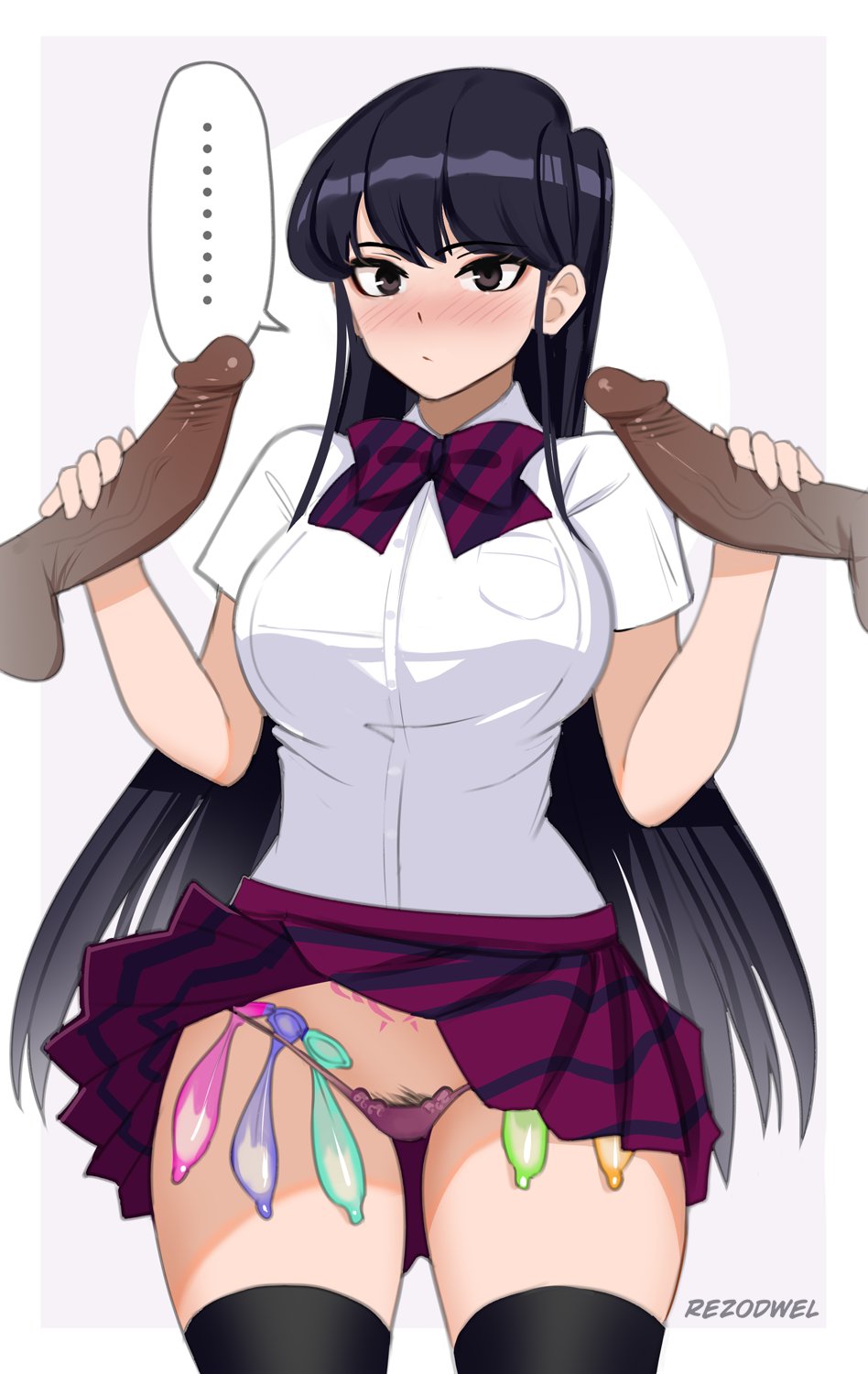 ..., 1girls, 2boys, black hair, black penis, breasts, condom balloon, condom belt, condom filling, condom wrapper, dark skin, dark-skinned male, female, handjob, hyper penis, imminent oral, interracial, komi shouko, komi-san wa komyushou desu, large breasts, light skin, light-skinned female, long hair, male, mmf threesome, oral, panties, penis, prostitution, pubic hair, pubic hair peek, pubic tattoo, rezodwel, school uniform, skirt, skirt lift, thighhighs, threesome, used condom