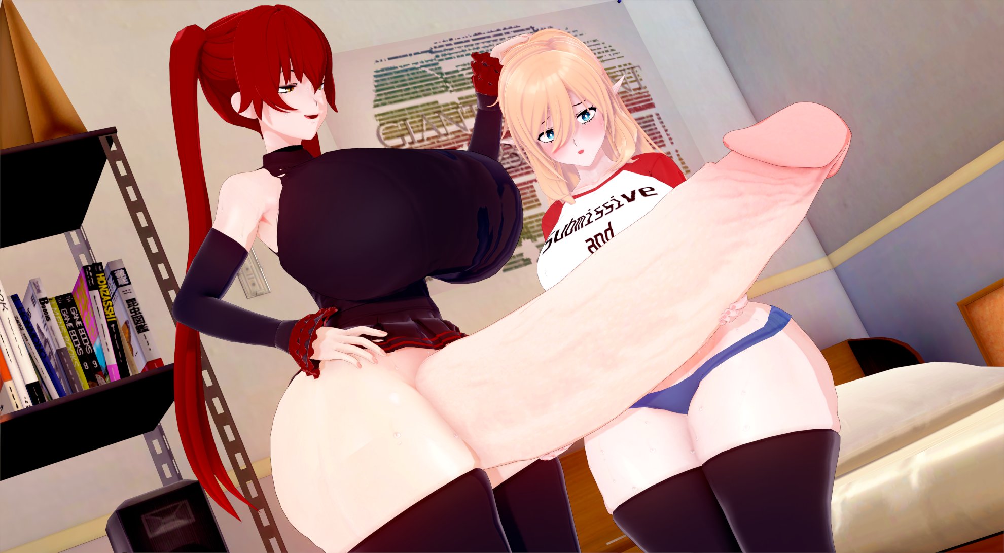 1futa, 1girls, 3d, balls, blush, bottomless, breasts, camtri, clothed, clothing, duo, elf, erection, female, futa with female, futanari, huge balls, huge breasts, huge cock, human, humanoid, hyper penis, imminent sex, intersex, koikatsu, light skin, light-skinned female, light-skinned futa, oc, partially clothed, penis, penis awe, standing, text on shirt, thick thighs, wide hips