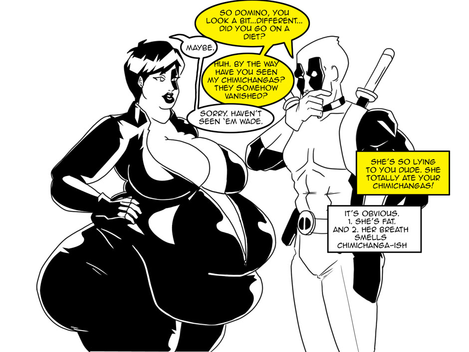 ass bbw belly big_ass big_belly big_breasts breasts cleavage deadpool domino_(marvel) fat fat_ass female hocuspukeus huge_ass huge_breasts marvel marvel_comics obese overweight overweight_female weight_gain x-men