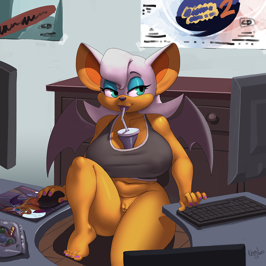 anthro between_breasts big_breasts breasts clothed clothing drink_on_breasts female genitals kevinsano membrane_(anatomy) membranous_wings pussy rouge_the_bat sega solo sonic_(series) wings