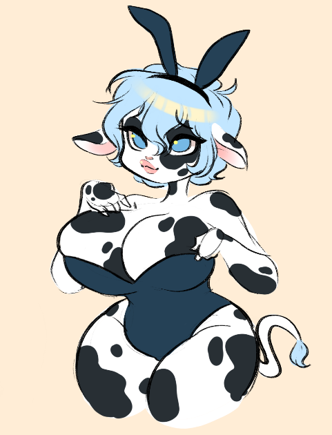 anthro black_and_white_body blue_eyes blue_hair bovine bunny_ears bunnysuit cow_ears cow_girl cow_tail curvy hand_on_breast large_breasts ohthesunnyside overflowing_breasts short_hair voluptuous