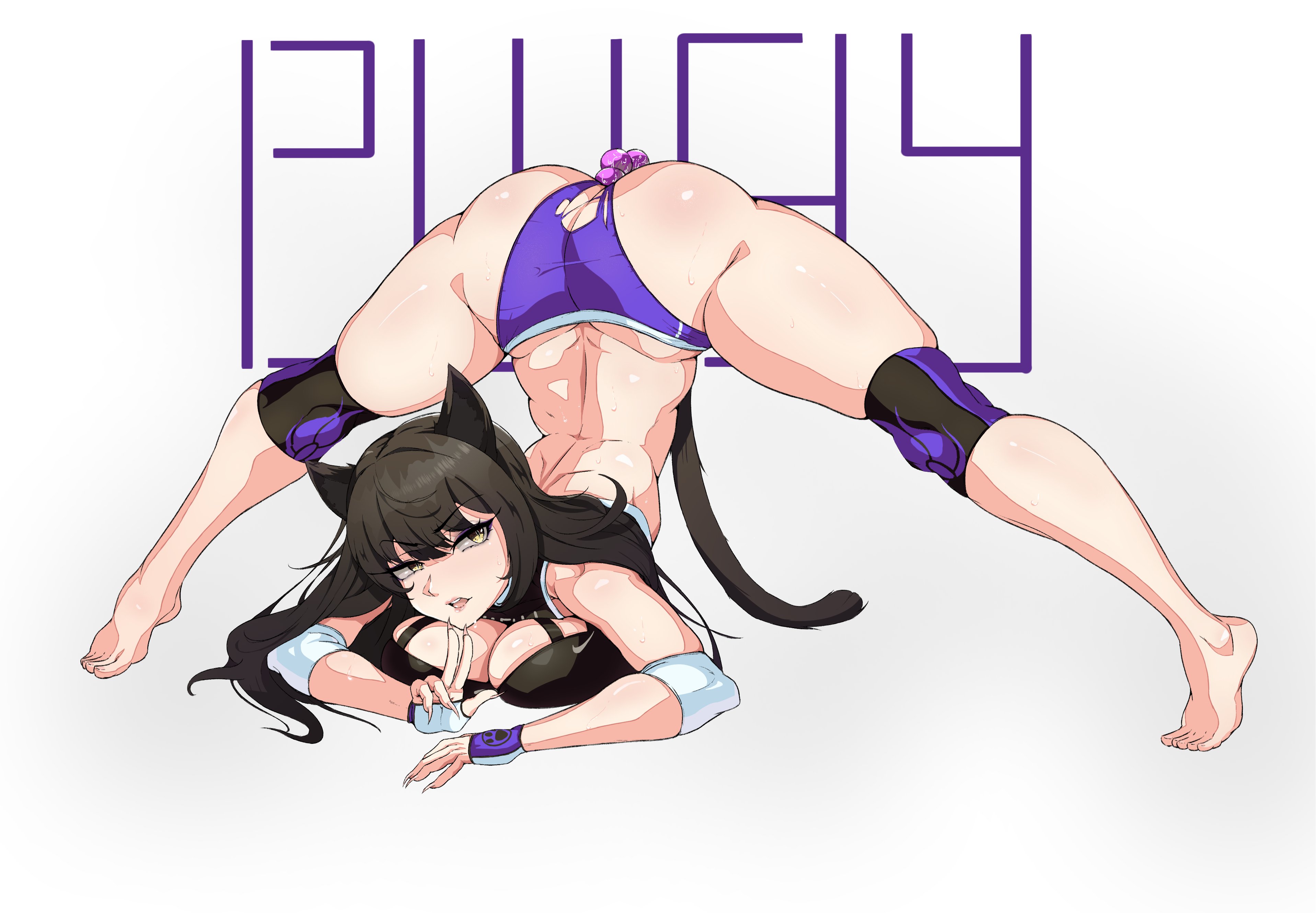 1girls, anal beads, anal sex, ass, b1ackgoldsaw, barefoot, big ass, big breasts, big butt, black hair, blake belladonna, breasts, buttplug tail, cat ears, cleavage, clothed, clothing, feet, female, gym clothes, gym shorts, gym uniform, jack-o pose, jackochallenge, long hair, looking at viewer, meme, open mouth, ripped clothing, ripped shorts, rwby, simple background, solo, solo female, white background