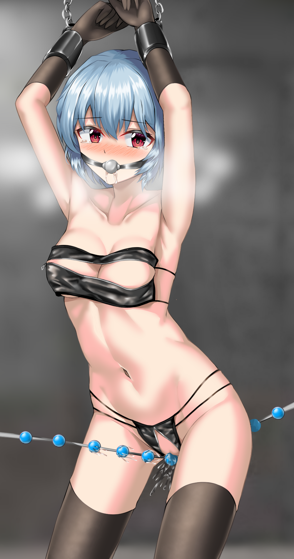 anal beads, arms up, ball gag, beads, blue hair, blush, bondage, bra, breasts, chains, drooling, female, gag, gagged, gloves, handcuffed, handcuffs, hands behind head, hips, lingerie, looking at viewer, medium breasts, neon genesis evangelion, panties, partially clothed, pussy, pussy juice, red eyes, rei ayanami, saliva, sex toy, short hair, solo, solo female, steam, stockings, tears, thighhighs, unzipped, wet pussy, zipper