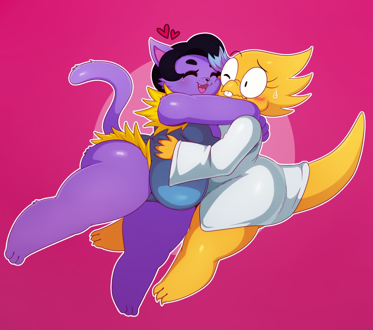 2girls, 3 toes, 4 fingers, alphys, anthro, anthro only, ass, barefoot, big ass, big breasts, big butt, black hair, blue hair, blush, breasts, catty (undertale), closed eyes, clothing, coat, cute, domestic cat, duo, embrace, eyewear, fangs, feet, felid, feline, felis, female, female only, female/female, fingers, fur, glasses, hair, heart, hug, hugging, labcoat, lizard, magenta background, mammal, multicolored hair, open mouth, pink background, purple body, purple fur, purple hair, reptile, scales, scalie, sfw, simple background, slightly chubby, smile, smiling, solid color background, sssonic2, sweat, sweatdrop, tagme, teeth, toes, tongue, topwear, two-tone hair, undertale, undertale (series), video games, wholesome, yellow body, yellow scales, yellow skin