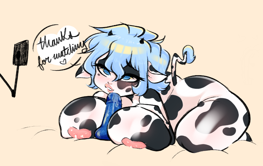 anthro ass black_and_white_body blue_dildo blue_eyes blue_hair boobjob bovine camgirl completely_nude completely_nude_female cow_ears cow_girl cow_horns cow_tail curvy dildo hand_on_breast hands_on_breasts heart heart_shaped_areola lactating lactation large_breasts laying_down nude ohthesunnyside overflowing_breasts saliva saliva_on_dildo short_hair streaming voluptuous webcam