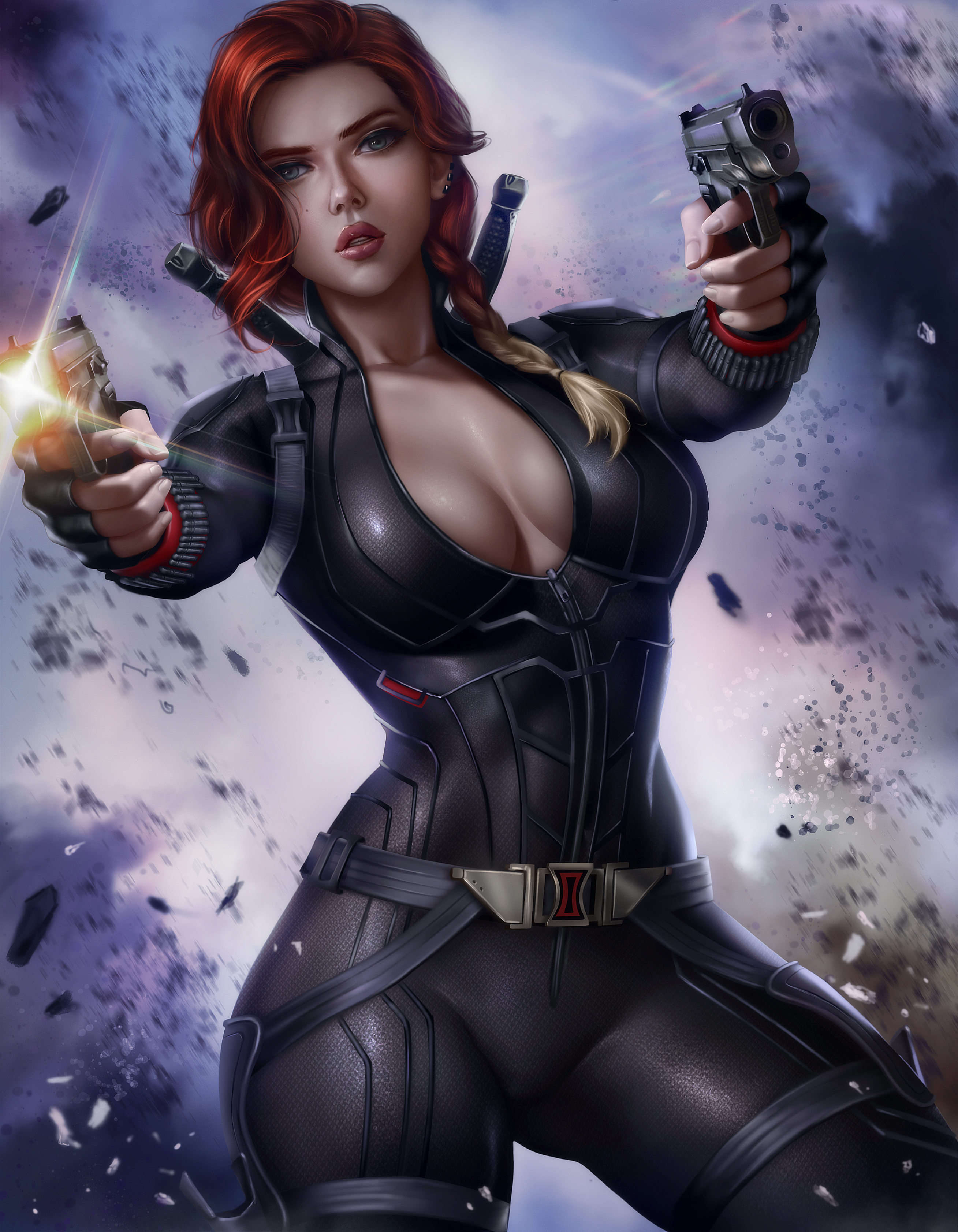 1girls, avengers, black widow (marvel), bodysuit, breasts, cleavage, clothed, female, female only, gun, highres, large breasts, logan cure, marvel, marvel cinematic universe, marvel comics, natasha romanoff, pinup, red hair, scarlett johansson, solo, superheroine, thick lips