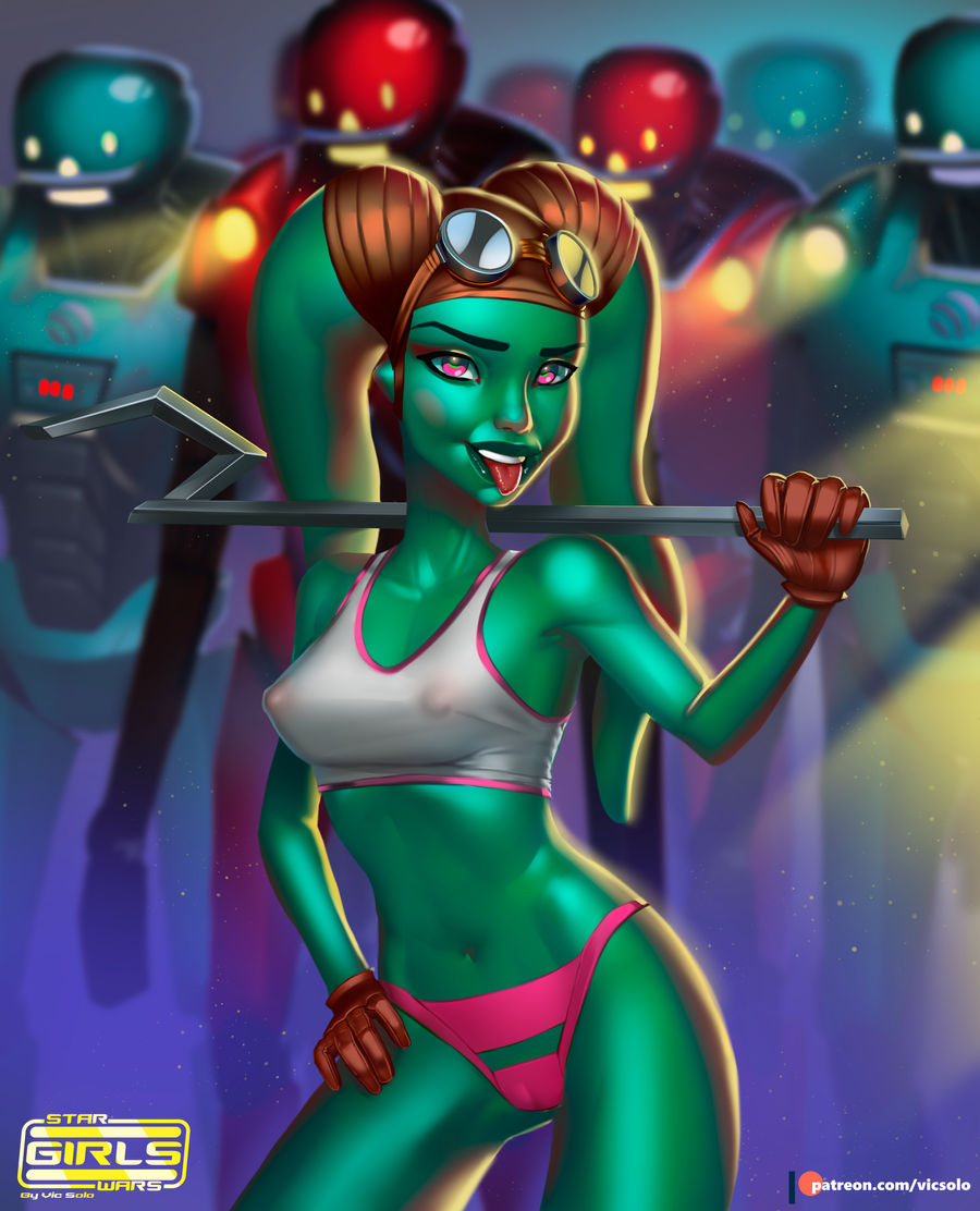 1girls alien alien_girl aqua_skin armpits artist_name background background_characters cameltoe clothed clothed_female crop_top droid erect_nipples eyebrows eyes female flashlight gloves glowing glowing_eyes goggles_on_head green_skin hand_on_leg handwear headgear headwear holding_object humanoid kx-series_security_droid large_breasts logo looking_at_viewer navel nipples nipples_visible_through_clothing open_eyes open_mouth original_character panties patreon pink pink_clothing pink_panties pink_underwear pose purple_eyes rear_view red_tongue robot shirt sleeveless_shirt solo_focus standing star_wars stomach teeth tentacle tentacle_hair tongue tongue_out twi'lek underwear url vicsolo