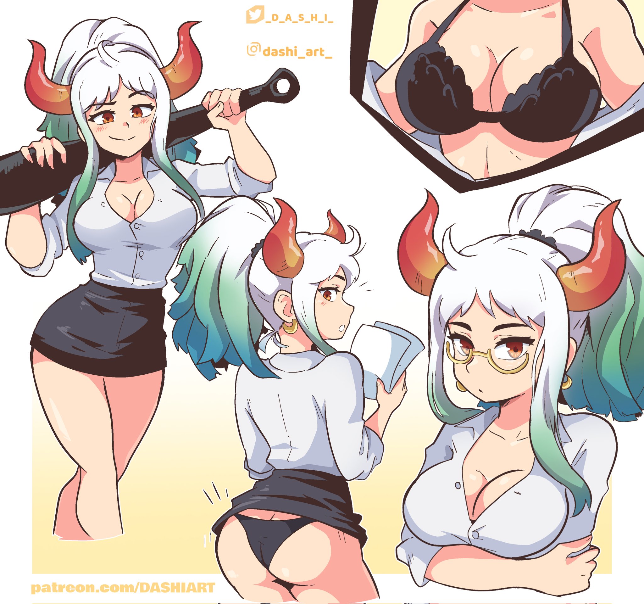 1girls, ass, big ass, big breasts, black bra, breasts, clevage, clothed, clothed female, dashi art, female, female only, glasses, holding object, horn, one piece, red horns, smile, tagme, two-tone hair, white hair, white-haired female, yamato (one piece)