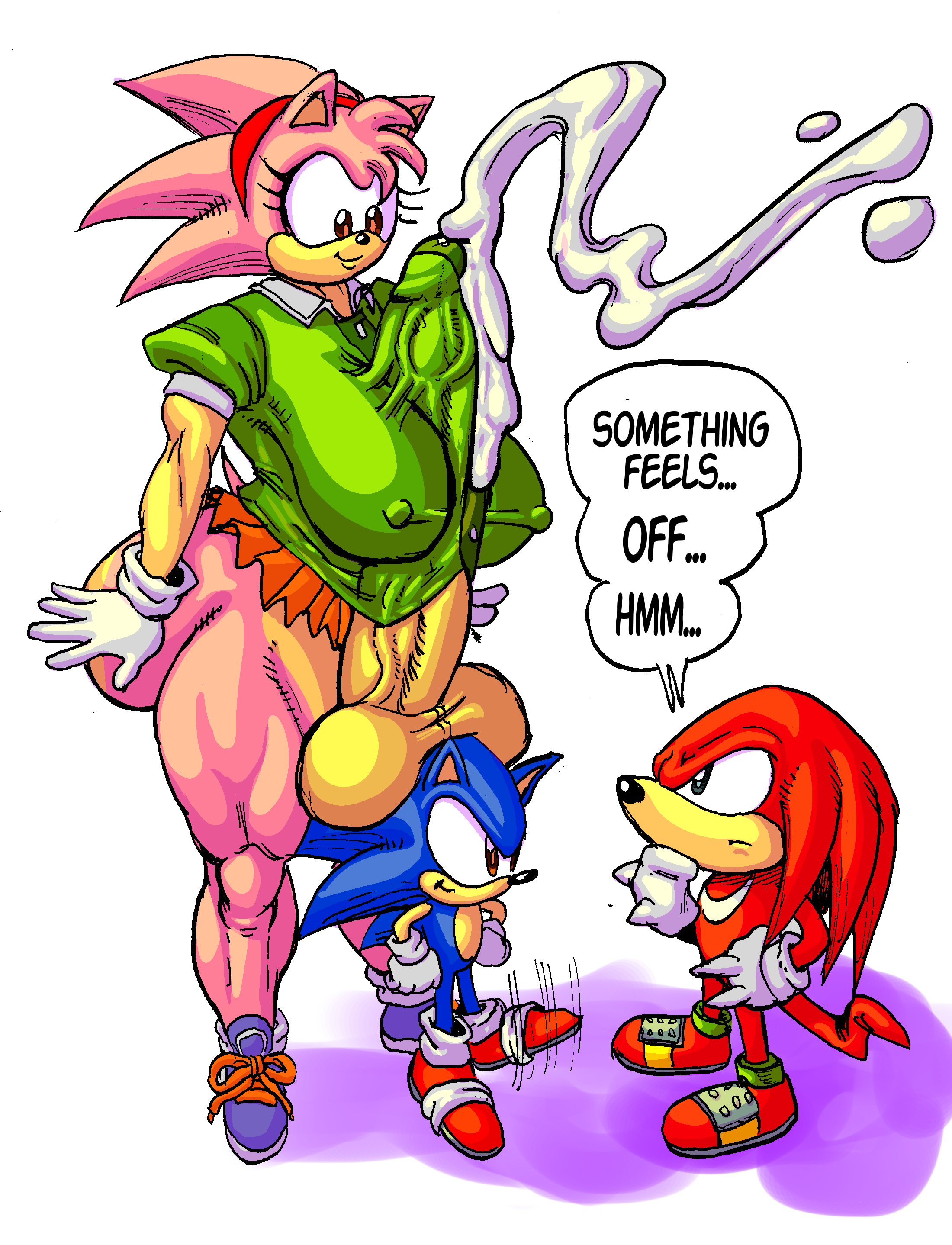 1futa, 2boys, amy rose, anthro, areolae, ass, autopaizuri, balls, balls under clothes, bottomless skirt, breasts, casual, casual autopaizuri, classic amy rose, cum, cum through clothes, cumshot, dialogue, dickgirl, ejaculation, erection, erection under clothes, erection under skirt, exposed torso, footwear, furry, futa is bigger, futa on male, futa with male, futanari, goudadunn, hands-free, handsfree ejaculation, handwear, huge ass, huge breasts, huge cock, humanoid penis, hyper, hyper balls, hyper penis, intersex, knuckles the echidna, larger futa, male, male with futa, muscular, muscular futa, orgasm without stimulation, penis, penis bulge, penis under clothes, penis under skirt, size difference, skirt, smaller male, sonic (series), sonic cd, sonic the hedgehog, spontaneous ejaculation, spontaneous orgasm, standing, tagme, tenting, text, wide hips