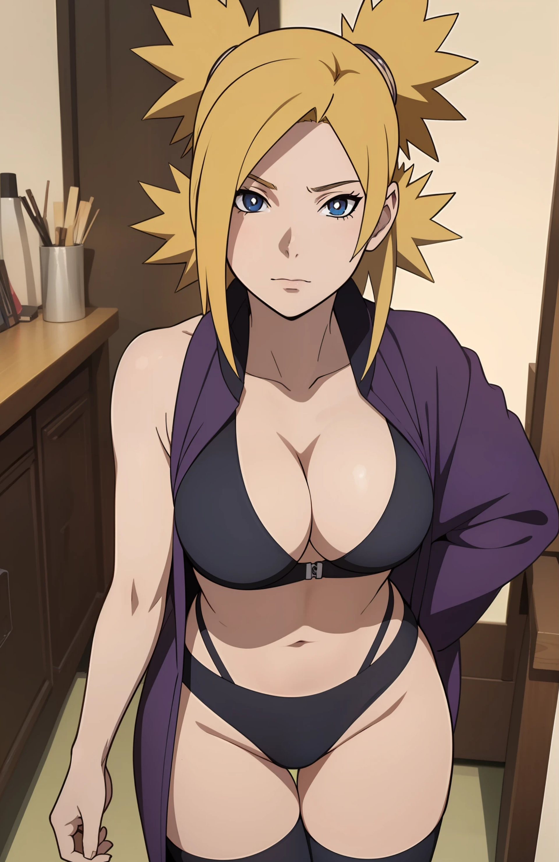 ai generated, barely clothed, bikini, bikini bottom, bikini top, blonde hair, blue eyes, boruto: naruto next generations, breasts, cape, cleavage, cowboy shot, female, hourglass figure, indoors, light skin, light-skinned female, looking at viewer, mature, mature female, midriff, milf, nai diffusion, naruto, naruto (series), oppai, pinup, ponytail, quad tails, shirt, stable diffusion, swimsuit, temari, tied hair, voluptuous, wide hips