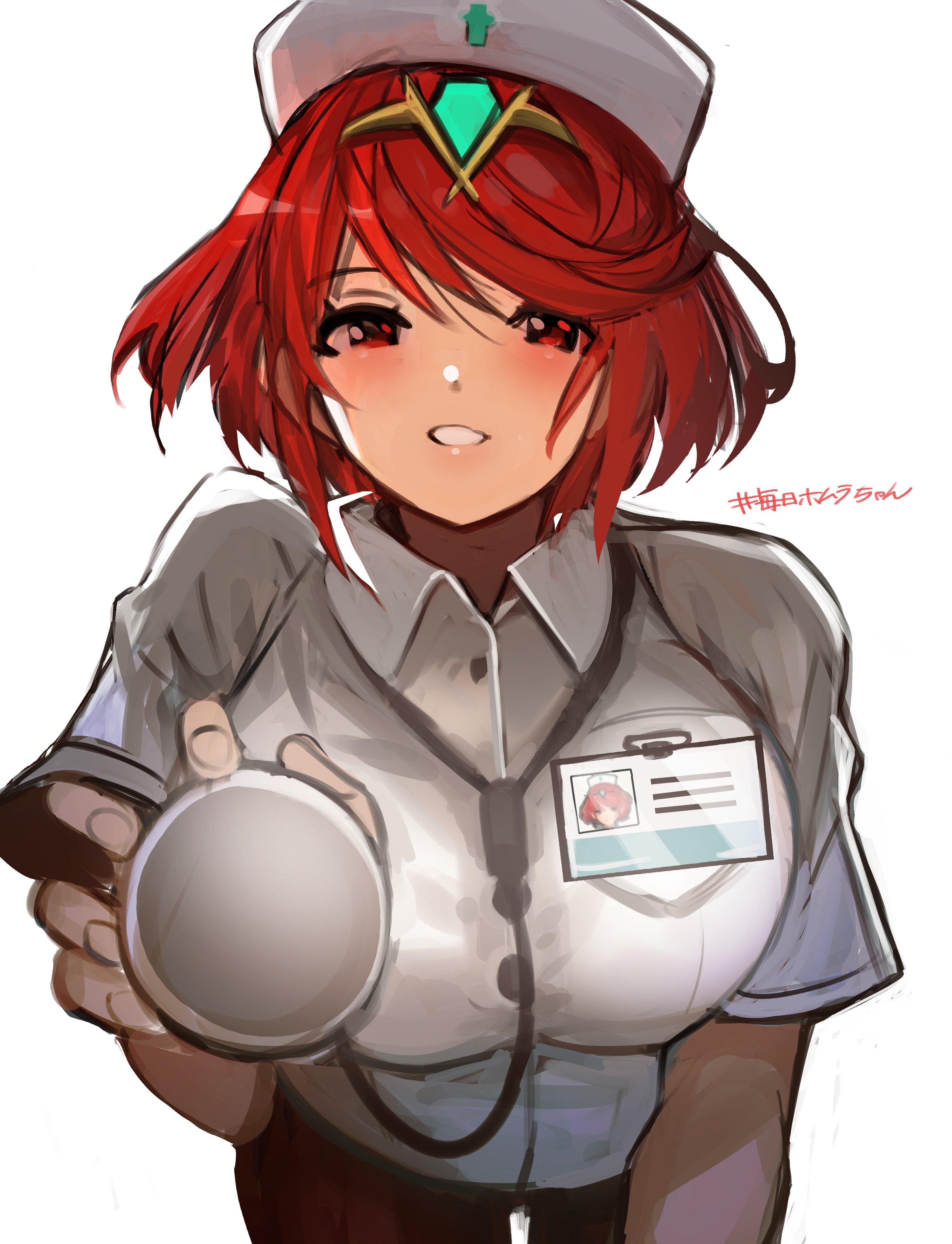 1girls, 2022, absurd res, bare arms, blush, breast squish, breasts, clothed, clothing, female, female only, hat, highres, holding stethoscope, id card, jewelry, large breasts, leaning forward, looking at viewer, matching hair/eyes, name tag, nintendo, nurse, nurse cap, pyra, red eyes, red hair, shirt, short hair, signature, simple background, smile, solo, stethoscope, tarbo (exxxpiation), teeth, thigh gap, thighs, tiara, uniform, white background, white shirt, xenoblade (series), xenoblade chronicles 2