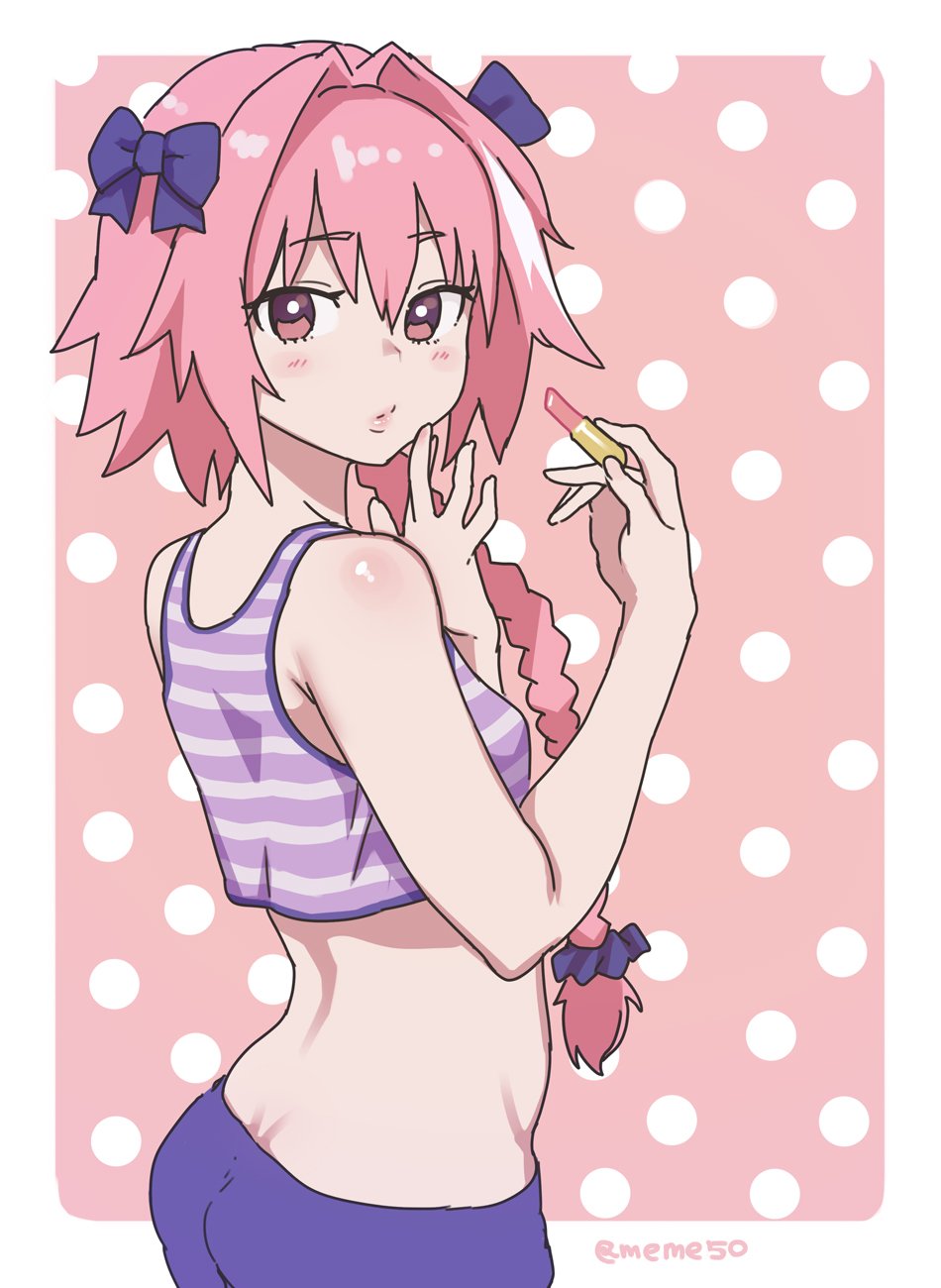 1boy 2017 artist_name ass ass_cleavage astolfo_(fate) back bare_arms bare_shoulders blush bow braid butt_crack clothing cosmetics crop_top crossdressing eyebrows_visible_through_hair fate/apocrypha fate_(series) femboy hair_between_eyes hair_ribbon hair_scrunchie highlights highres holding_lipstick_tube lipstick lipstick_tube long_ponytail looking_at_viewer looking_back makeup male male_only matching_hair/eyes meme50 midriff panties pink_eyes pink_hair pink_lipstick polka_dot polka_dot_background ponytail purple_panties pursed_lips ribbon scrunchie signature single_braid sleeveless sleeveless_shirt solo standing striped striped_shirt stripes tank_top tied_hair trap twitter_username underwear white_border white_highlights