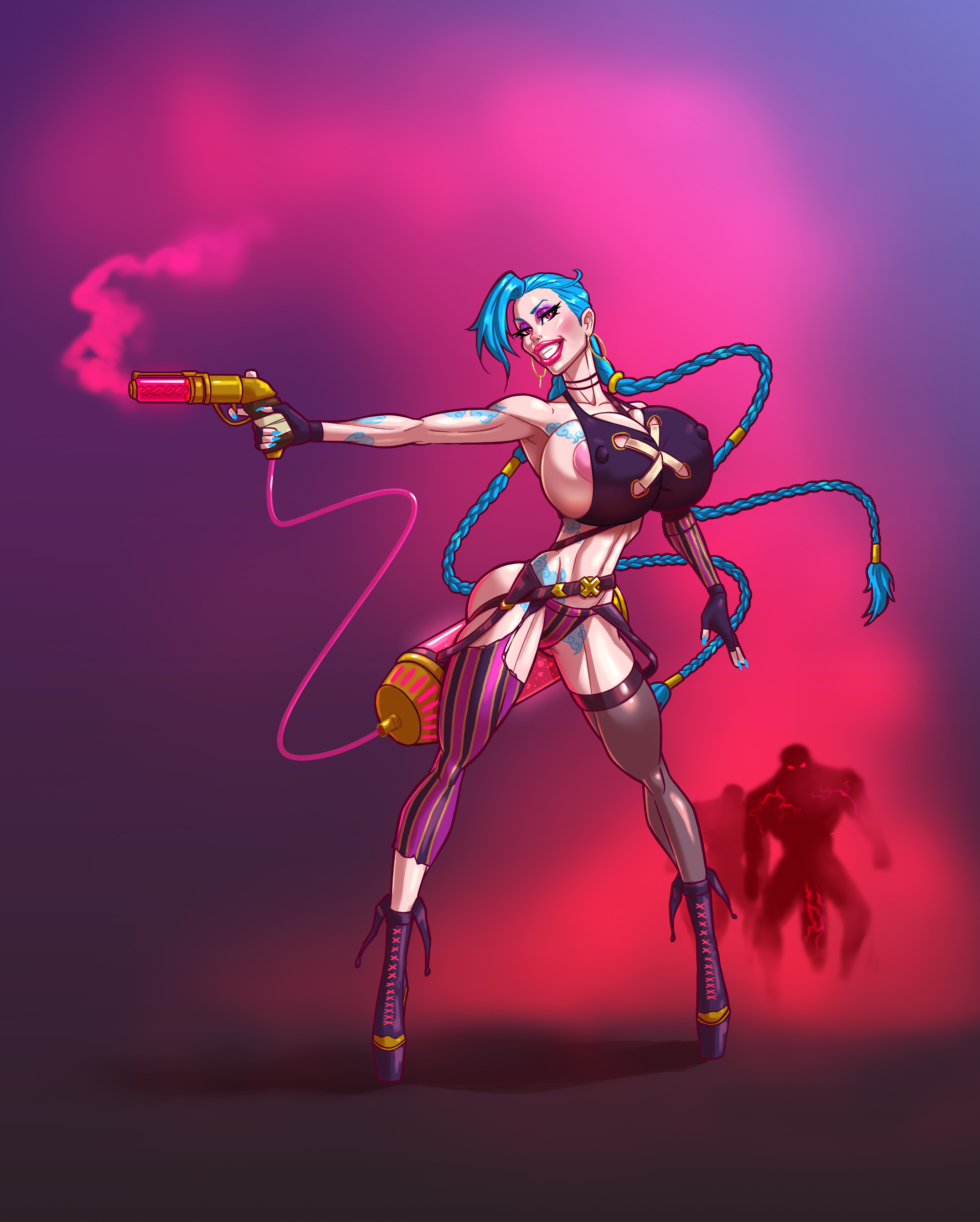 1girls, aphrodisiac, ass, bimbo, blue hair, breasts, bursting breasts, come hither, dargoden, eyeshadow, female, gun, heels, hoop earrings, huge ass, huge breasts, jinx (league of legends), large areolae, league of legends, lipstick, long hair, makeup, nail polish, nipple bulge, nipple slip, red eyes, stockings, tattoo, thighhighs, tight clothing