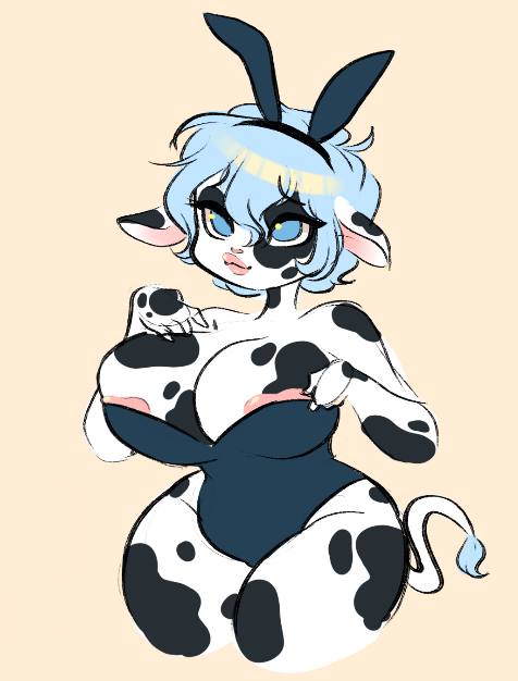 anthro areola_slip black_and_white_body blue_eyes blue_hair bovine bunny_ears bunnysuit cow_ears cow_girl cow_tail curvy hand_on_breast heart_shaped_areola large_breasts ohthesunnyside overflowing_breasts short_hair voluptuous