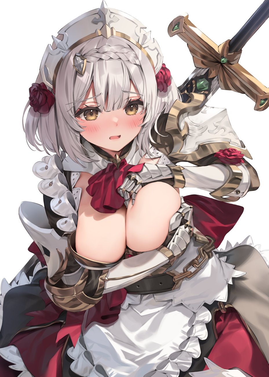 1girls, armored dress, blush, female, genshin impact, knight, maid, noelle (genshin impact), parsley f, rose (flower), sword, white hair, worried expression, yellow eyes