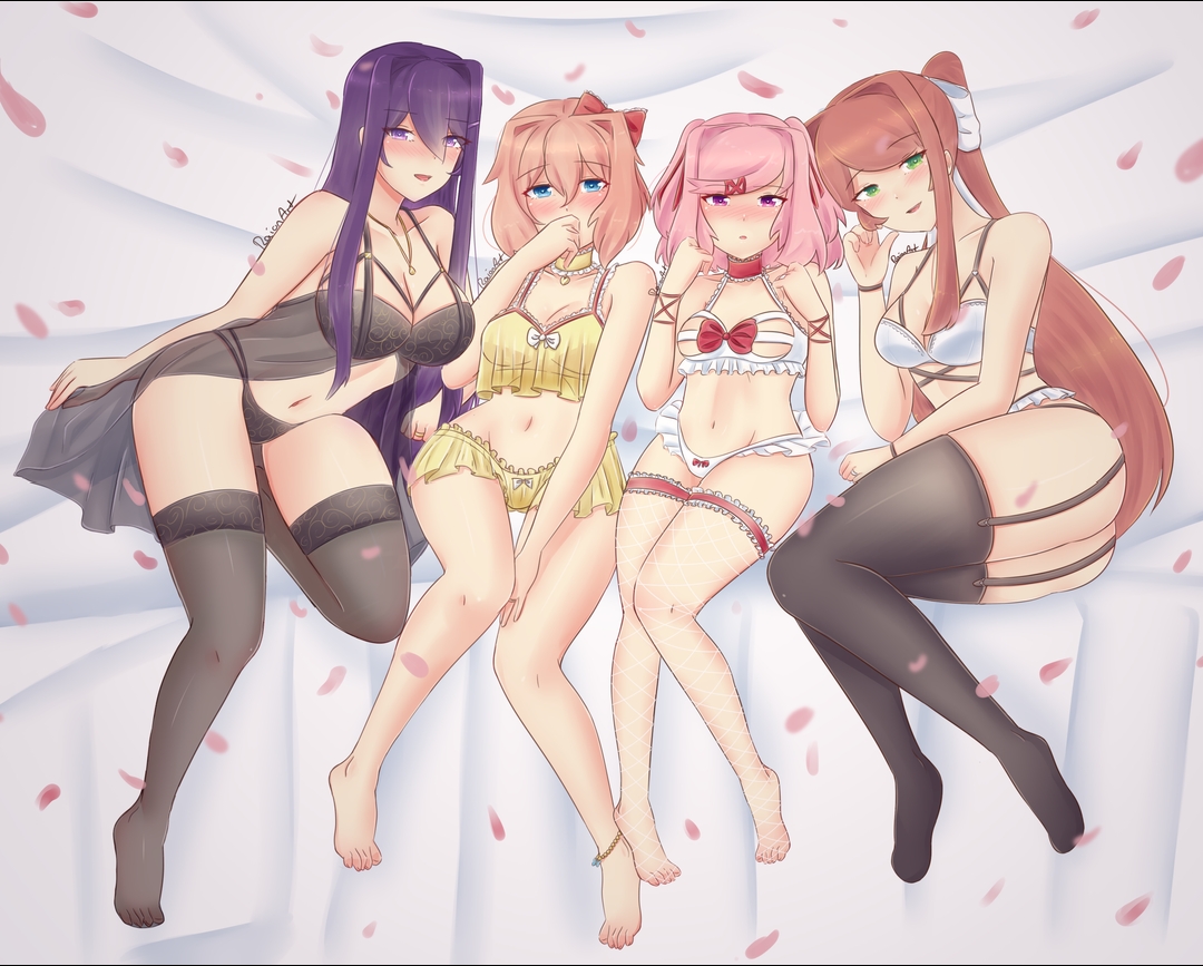 4girls, anklet, babydoll, belly button, blue eyes, blush, bra, breasts, brown hair, choker, different breast sizes, doki doki literature club, female, female only, fishnet, fishnet legwear, flower petals, garter straps, green eyes, hair, hair accessory, hair bow, hair ornament, hair ribbon, lingerie, long hair, midriff, monika (doki doki literature club), multiple females, multiple girls, natsuki (doki doki literature club), navel, panties, pink hair, purple eyes, purple hair, raionart, sayori (doki doki literature club), short hair, small breasts, thick thighs, thighhighs, thighs, watermark, yuri (doki doki literature club)