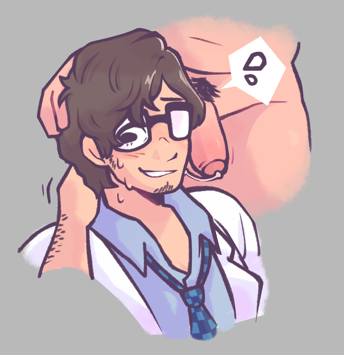 arm hair, assisted fellatio, before oral, blush, body hair, brown hair, clothed, colored, cum, disembodied penis, faceless male, facial hair, foreskin, gay, glasses, glassesfetish, grey background, hand on head, imminent fellatio, imminent oral, labcoat, male, male focus, male only, male/male, maruki takuto, nervous, older male, penis, penis on face, persona 5, persona 5 royal, precum drip, speech bubble, sweat, sweatdrop, tie, uncensored, uncircumcised, uncut, yaoi