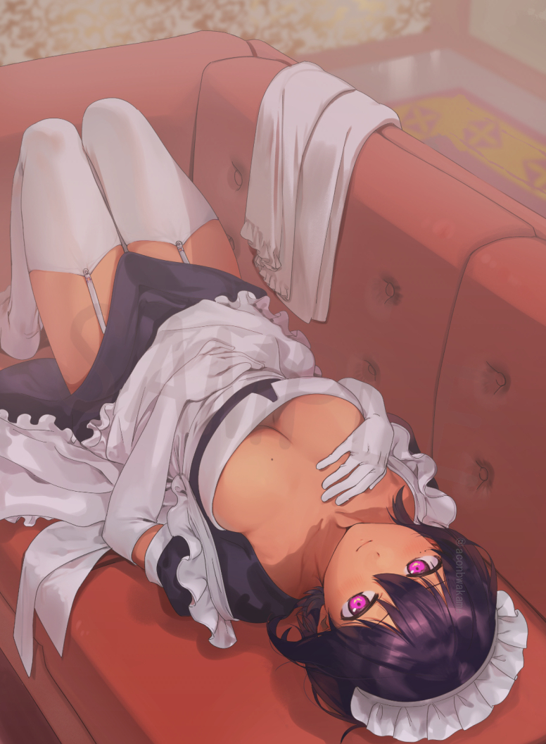 big_breasts black_hair cleavage couch dark-skinned_female elbow_gloves female garter_straps gloves konbu_wakame laying_down laying_on_back lilith_(saikin_yatotta_maid_ga_ayashii) maid maid_headdress maid_uniform mole mole_on_breast purple_eyes saikin_yatotta_maid_ga_ayashii sample tan_skin thighhighs watermark