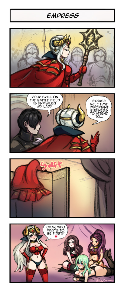 1boy 2022 4girls 4koma armor artist_name bed black_legwear blue_hair breasts brown_hair byleth_(fire_emblem) byleth_(fire_emblem)_(female) cleavage comic corset dated dorothea_arnault edelgard_von_hresvelg english_text female fire_emblem fire_emblem:_three_houses garter_straps green_hair harem heart hubert_von_vestra lingerie long_hair male minacream multiple_girls navel nintendo petra_macneary photoshop_(medium) post-timeskip red_legwear remake silver_hair smile speech_bubble spoken_heart stomach text thighhighs thong tiara underwear undressing very_long_hair yuri