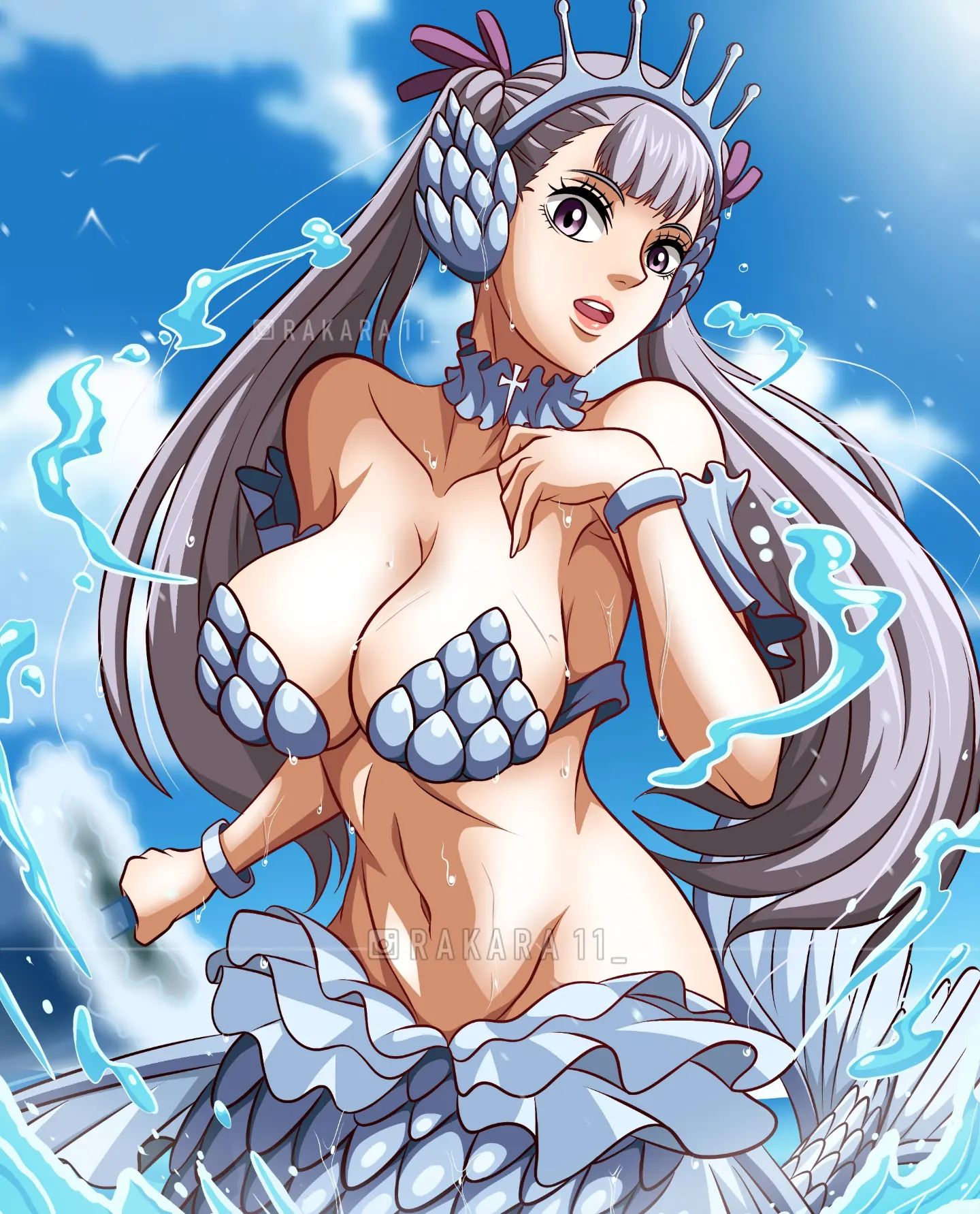 1girls, belly button, black clover, breasts, cleavage, female, fit, grey hair, grey-haired female, huge breasts, light skin, light-skinned female, linea alba, noelle silva, rakara11, water, white hair, white-haired female