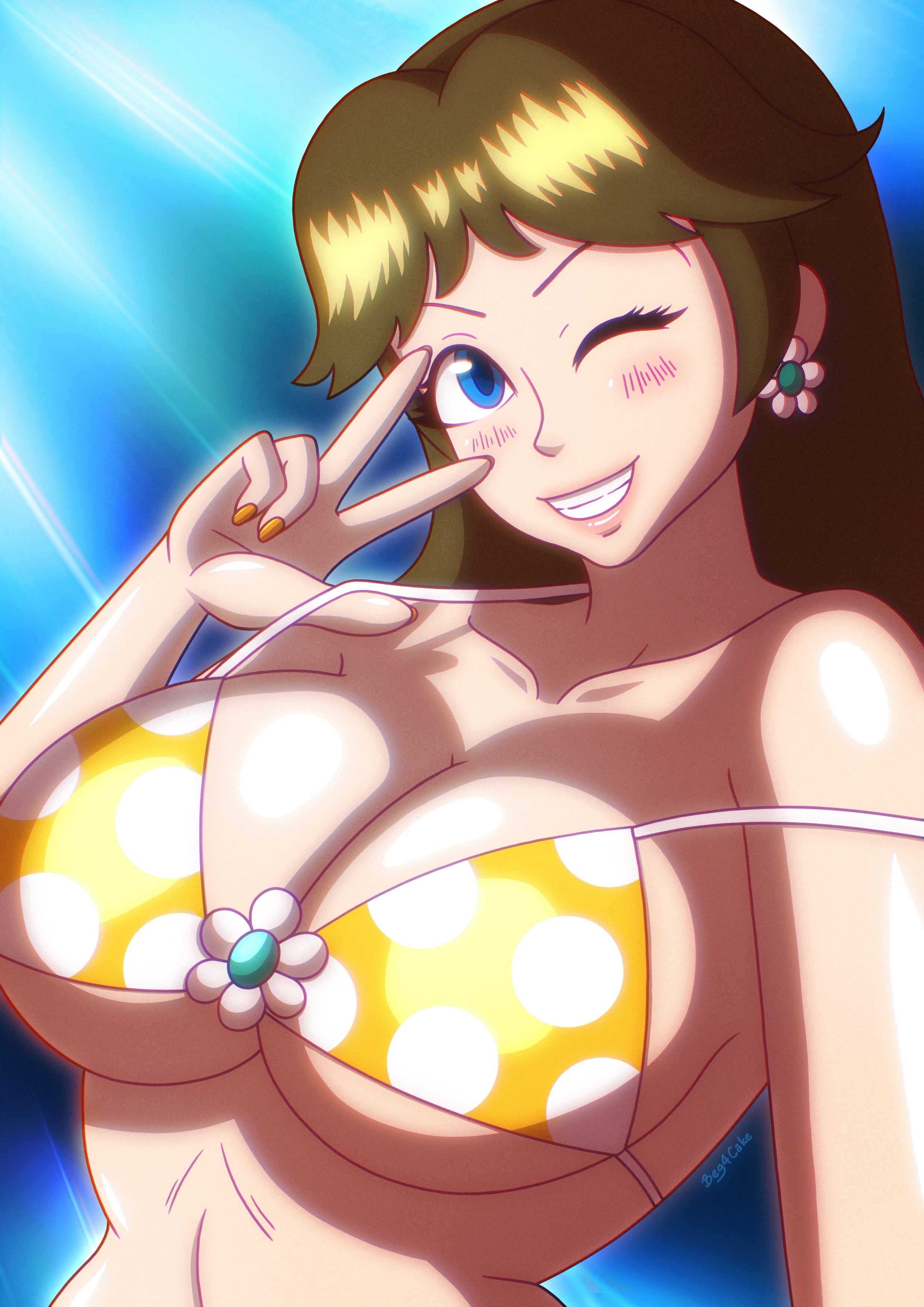 1girls, alternate breast size, beg4cake, big breasts, bikini, bikini pull, bikini top only, blue eyes, breasts, brown hair, busty, cleavage, clothes pull, earrings, female, female only, flower earrings, grin, large breasts, mario (series), nintendo, one eye closed, polka dot bikini, pose, princess, princess daisy, short hair, smile, solo, strap slip, swimsuit, underboob, v, wink, yellow bikini