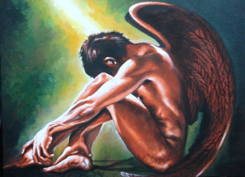 1boy abs angel angel_wings black_hair christianity crying defeated defeated_male devil fallen_angel gay head_between_knees head_between_thighs holding_leg holding_legs legs legs_apart lucifer male male_only mythology naked naked_male nipples nude nude_male painting painting_(artwork) peacock peacock_feather peacock_feathers petals pov religion religious sad satan solo wings