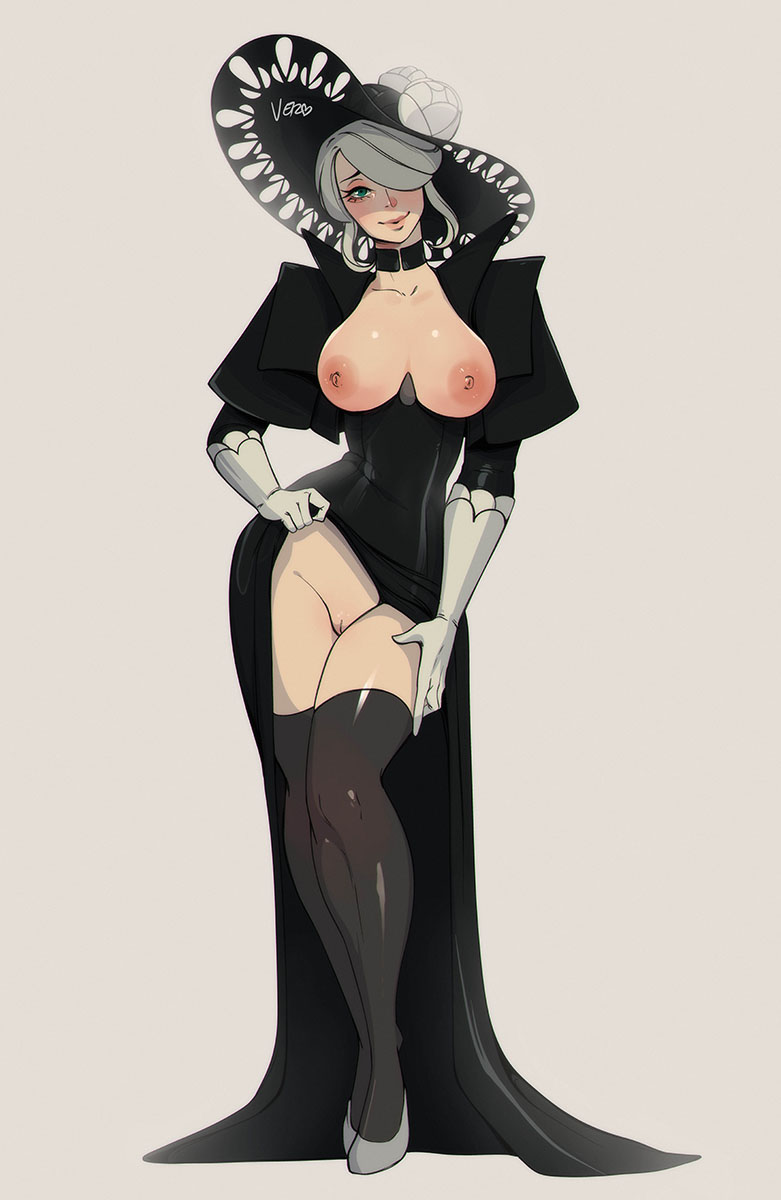 alternate_breast_size black_capelet black_choker black_dress black_headwear black_legwear blue_eyes breastless_clothes breasts breasts_out capelet choker clothes_lift cogita_(pokemon) contrapposto dress dress_lift elbow_gloves english_commentary eyeshadow female flower gloves grey_footwear grey_gloves grey_hair hair_over_one_eye hat hat_flower head_tilt highres large_areolae large_breasts lifted_by_self long_dress looking_at_viewer makeup mature_female nipples no_bra no_panties pokemon pokemon_(game) pokemon_legends:_arceus presenting pumps pussy solo standing sun_hat theartofvero thighs uncensored vero white_background wide_hips