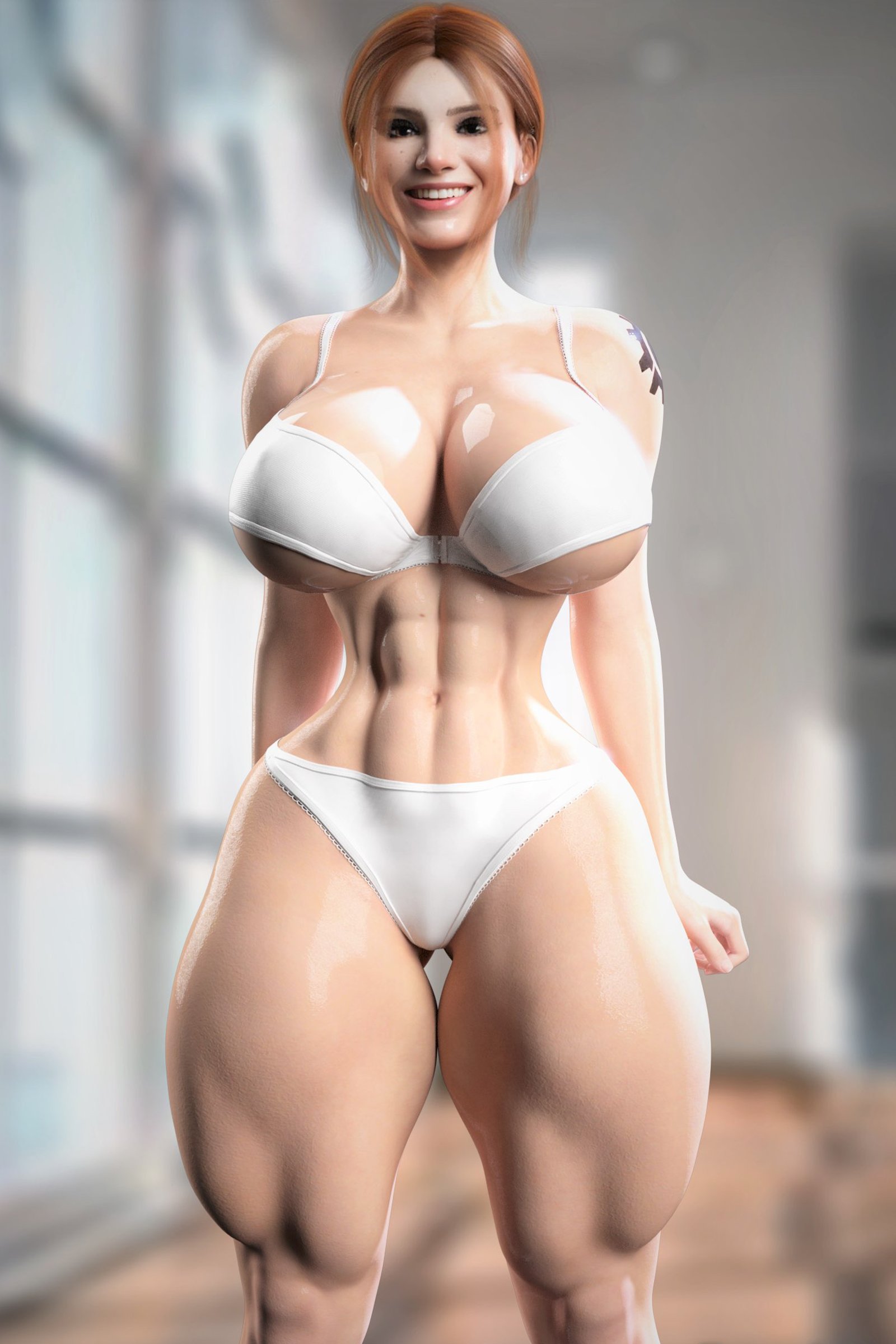 3d, abs, audrix, big breasts, bikini, blizzard entertainment, breasts, brigitte, female, muscular, muscular female, overwatch, red hair, smile, swimsuit, tagme, thick thighs