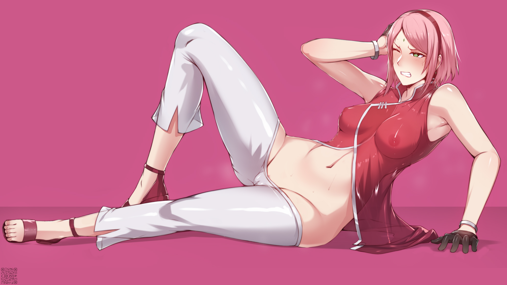 1girls, arm support, blush, bob cut, boruto: naruto next generations, bracelet, cameltoe, china dress, chinese clothes, clenched teeth, clothed, clothed female, dress, embarrassed, facial mark, feet, female, female focus, female only, forehead mark, gloves, heels, high heels, impossible clothes, kairos+, light skin, light-skinned female, long hair, mature, mature female, midriff, milf, mostly clothed, nail polish, naruto, naruto (series), nipples, no bra, no panties, on floor, one eye closed, open toe shoes, pants, pink hair, pubic hair, pubic hair peek, pussy, red dress, revealing clothes, sakura haruno, see-through, see-through clothing, shiny, shiny clothes, shiny hair, shiny skin, shoulder length hair, sitting, skimpy, skimpy clothes, sleeveless, sleeveless dress, small clothes, solo, solo female, solo focus, tight clothes, tight clothing, tight dress, tight pants, toes, transparent clothing, visible nipples, white dress