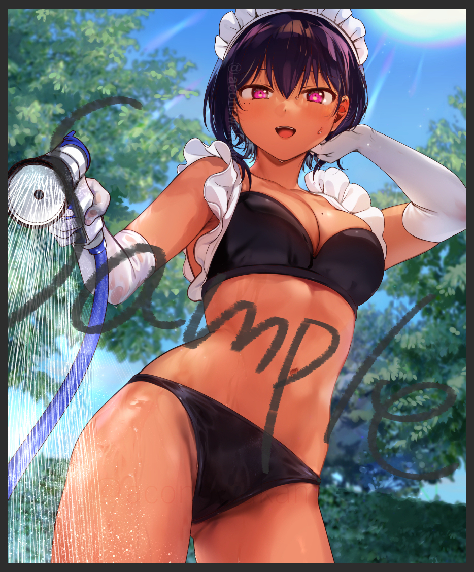 1girls big_breasts bikini dark-skinned_female elbow_gloves female female_only gloves hose konbu_wakame lilith_(saikin_yatotta_maid_ga_ayashii) maid maid_headdress outside saikin_yatotta_maid_ga_ayashii sample tan_skin watermark