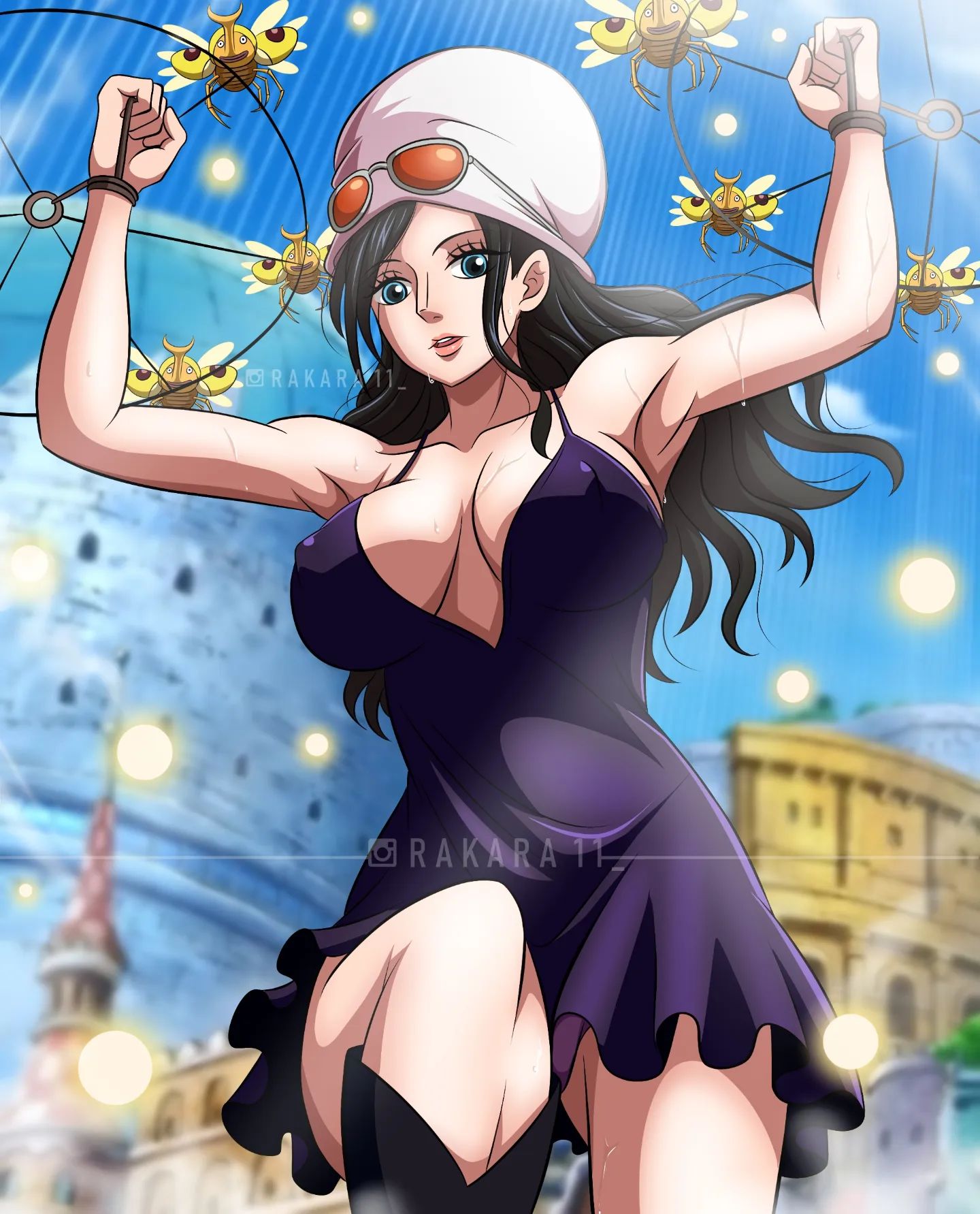 1girls, black hair, black-haired female, blue eyes, breasts, cleavage, dress, dressrosa, eyewear on head, female, female only, hat, huge breasts, nico robin, nipple bulge, one piece, post-timeskip, rakara11, sunglasses, sunglasses on head