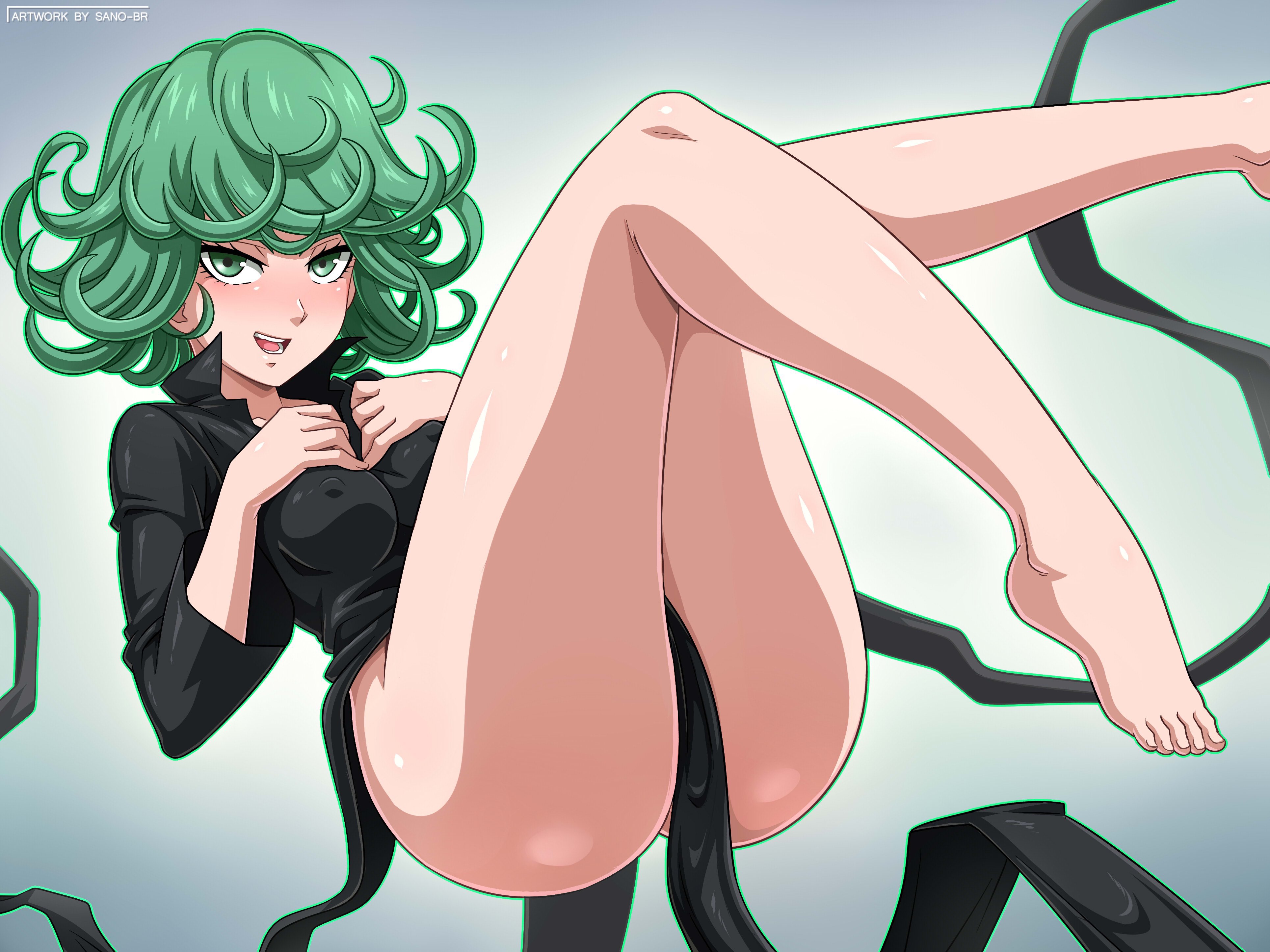 1girls, ass, barefoot, big ass, blush, blushing, clothed, dress, feet, female, floating, green eyes, green hair, looking at viewer, no panties, one-punch man, sano-br, solo, tatsumaki, thick thighs
