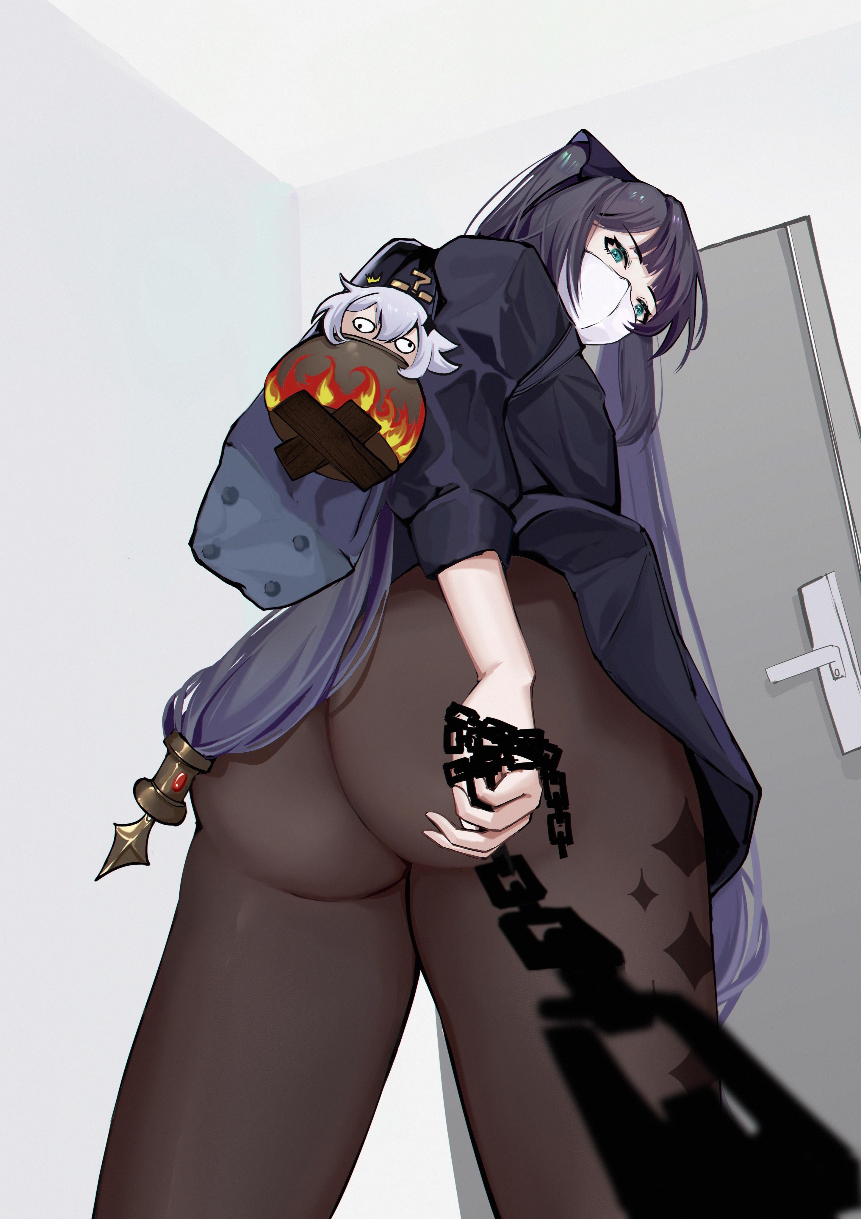 artist request, ass, big ass, chains, dominant, female, genshin impact, looking down, mona (genshin impact), pantyhose, tagme, thick thighs
