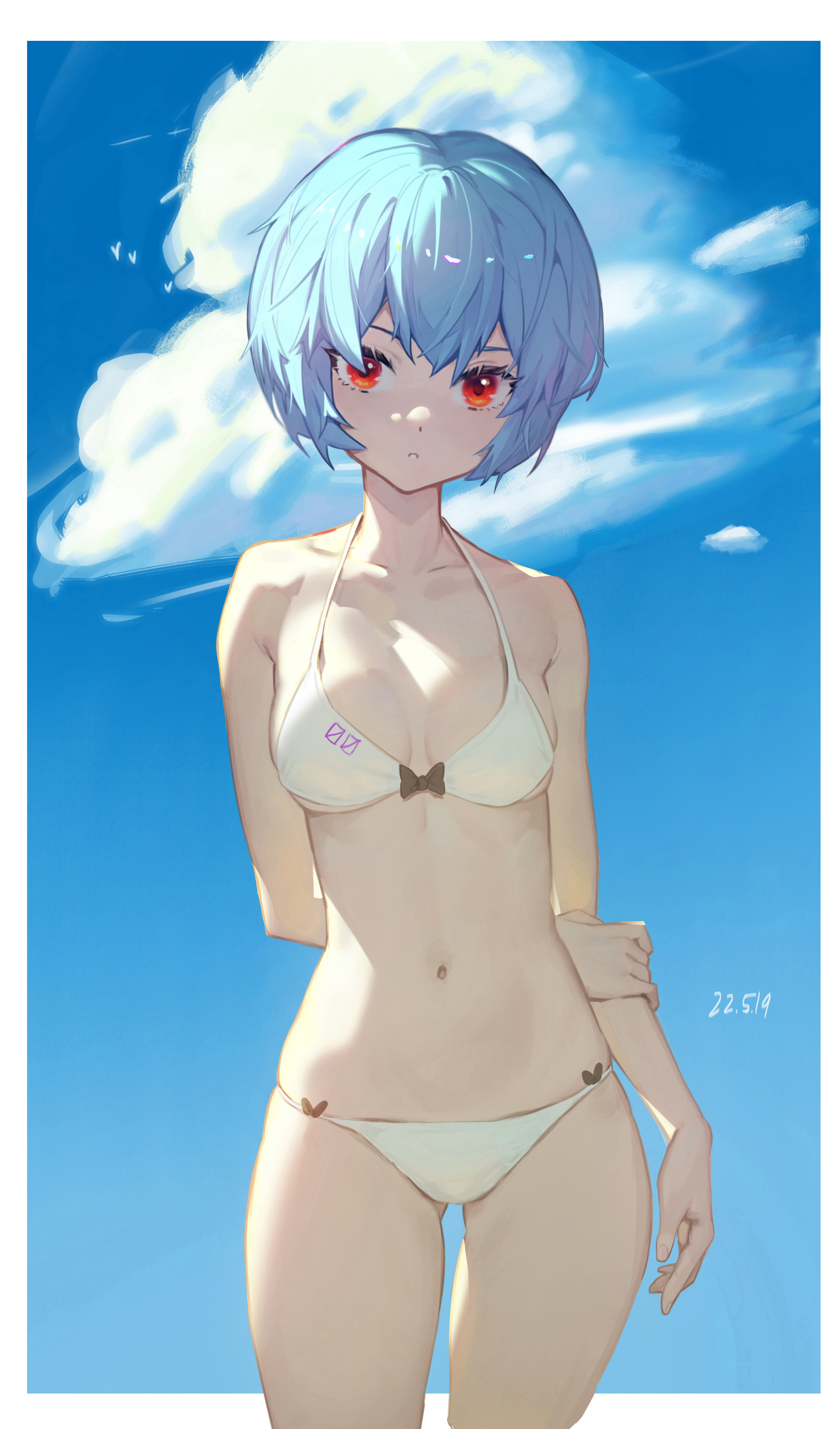 absurd res, artist request, bikini, blue hair, breasts, cleavage, female, hi res, hips, looking at viewer, neon genesis evangelion, red eyes, rei ayanami, short hair, small breasts, solo, solo female, swimsuit, thick thighs