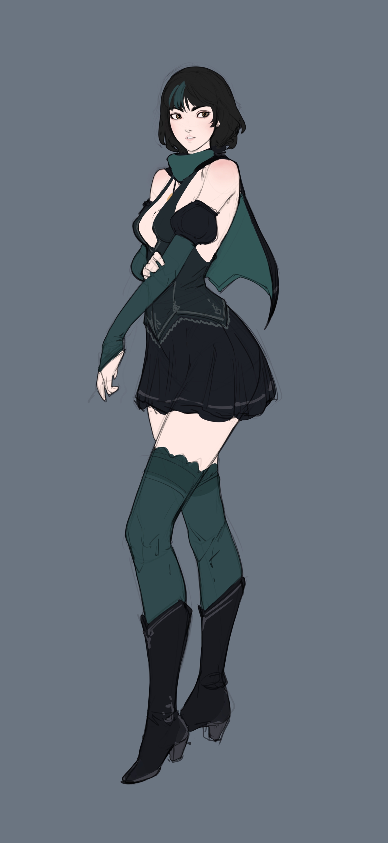 1girls, armwear, black hair, breasts, brown eyes, cape, clothed, clothing, detached sleeves, erin (tarakanovich), female, female only, fully clothed, green hair, hourglass figure, human, light skin, light-skinned female, miniskirt, mistveil, pale skin, petite, revealing clothes, short hair, solo, standing, stockings, tarakanovich, thighhighs, underboob