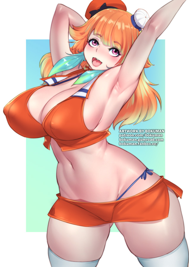 armpits, beret, big breasts, bokuman, bra, breasts, chef hat, female, hat, hololive, hololive english, hololive myth, huge breasts, multiple hats, orange hat, red beret, red hat, skirt, takanashi kiara, takanashi kiara (1st costume), thick thighs, thighhighs, thong, virtual youtuber