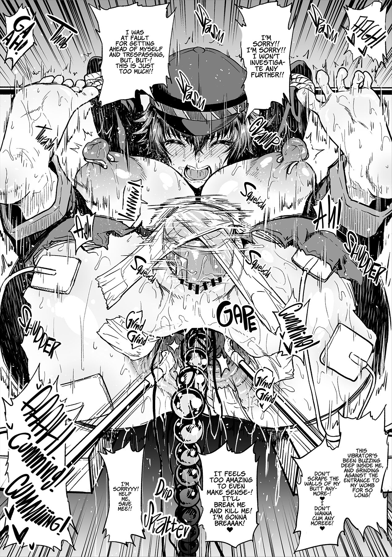 ahemaru, anal, anal beads, anal gape, anal insertion, bondage, double penetration, english text, female, monochrome, painal, persona, persona 4, rape, sex toy, shirogane naoto, translated