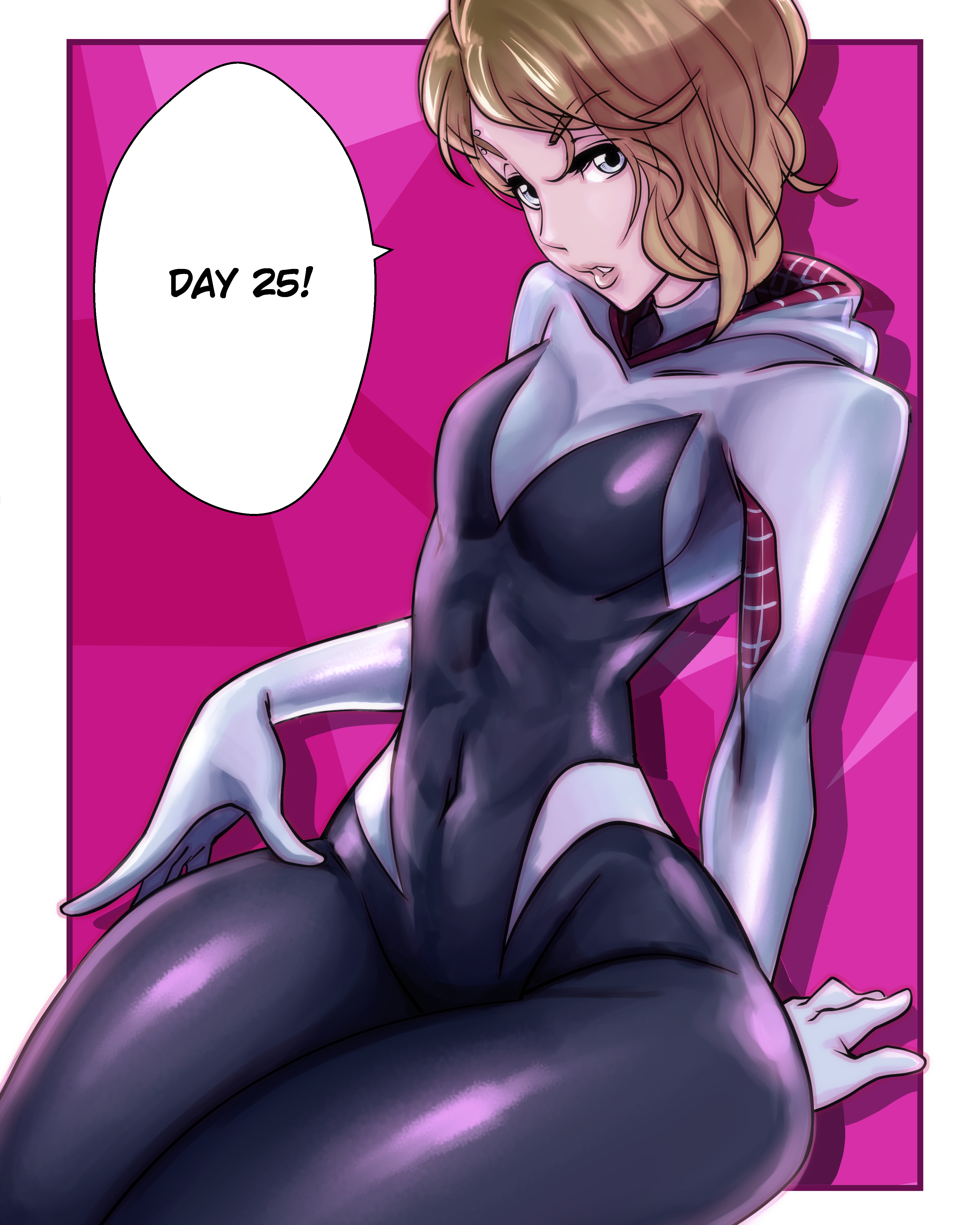 1girls, 2020, blonde hair, breasts, curvy, eyebrow piercing, female, gwen stacy, marvel, marvel comics, nisego, short hair, small breasts, spider-gwen, spider-man (series), thick thighs, wide hips