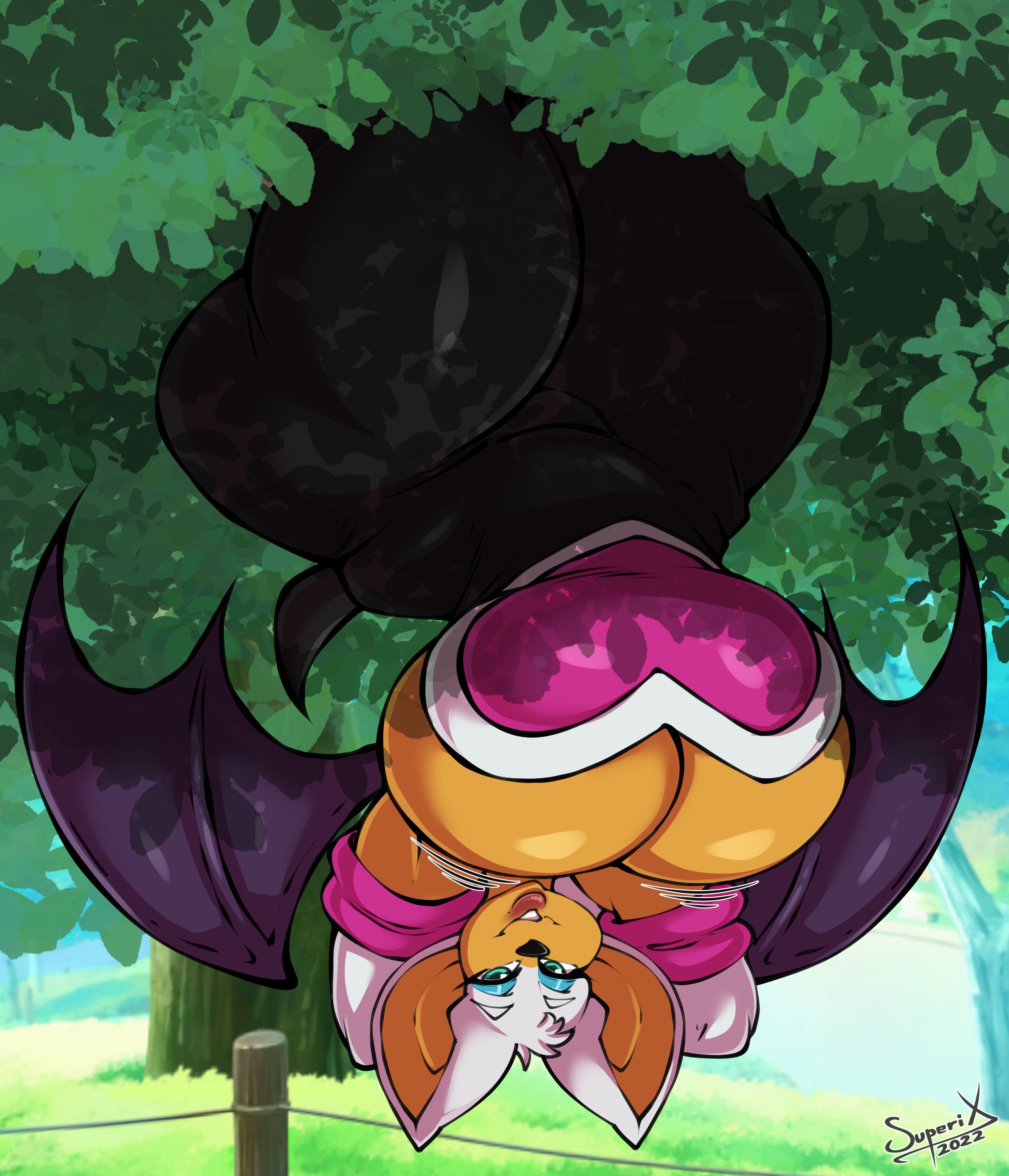 1girls, 2022, bat ears, bat wings, big breasts, blue eyeshadow, breasts, cleavage, curvaceous, curvy, eyeshadow, female, female focus, furry, furry only, hips, rouge the bat, seductive, seductive smile, sega, sonic (series), superix, thick thighs, thighs, upside-down, voluptuous, watermark, wide hips