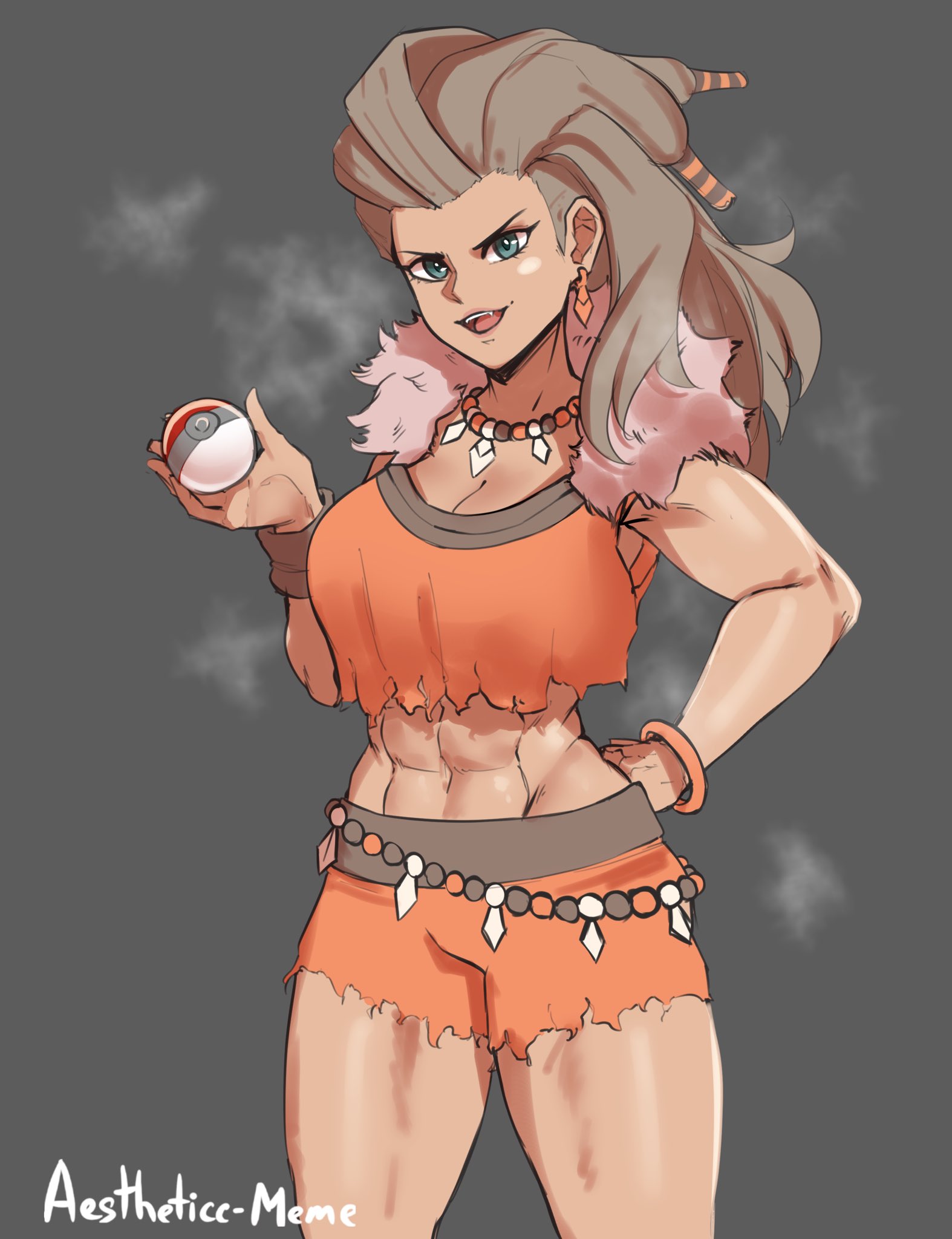 abs, aestheticc-meme, female, muscular, muscular female, open mouth, pokemon, pokemon professor, pokemon sv, professor sada (pokemon)