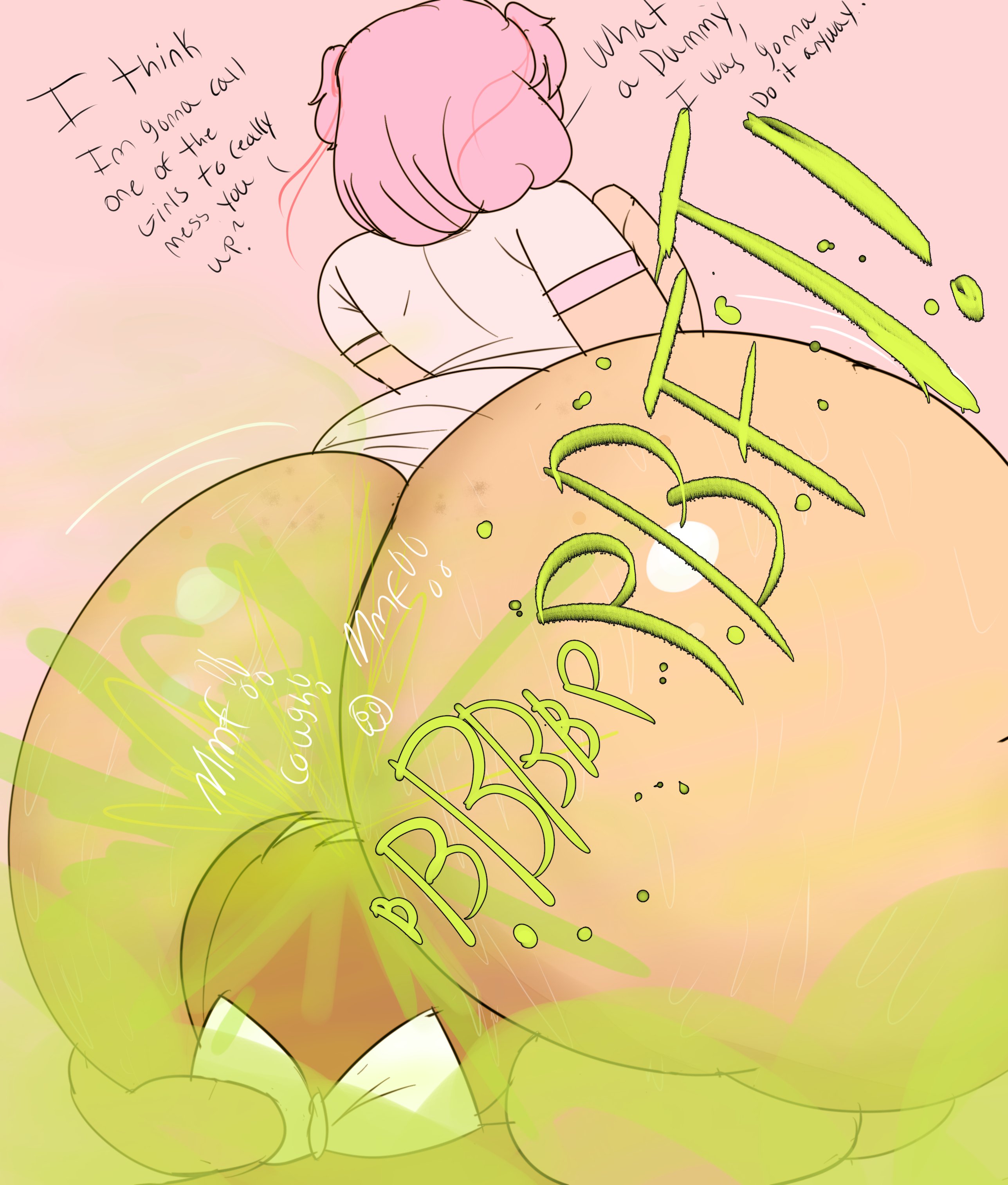 2girls, ass, ass on face, big ass, big butt, bow, brown hair, doki doki literature club, facesitting, fart, fart cloud, fart fetish, farting, farting in face, female, melissaalli, monika (doki doki literature club), multiple females, multiple girls, natsuki (doki doki literature club), pink hair, rear view, short hair, sweat, text, yuri