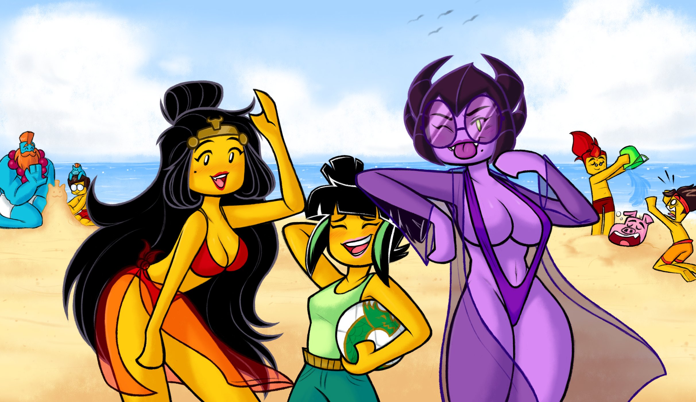 2d, 3girls, beach, big breasts, black hair, blue skin, breasts, brown hair, clothed, clothing, dirty platypi, female, female focus, highres, lego, long hair, looking at viewer, mei (monkie kid), monkie kid, multiple females, multiple girls, orange hair, princess iron fan, purple skin, red hair, short hair, spider queen (monkie kid), tagme, tagme (character), thighs, yellow skin