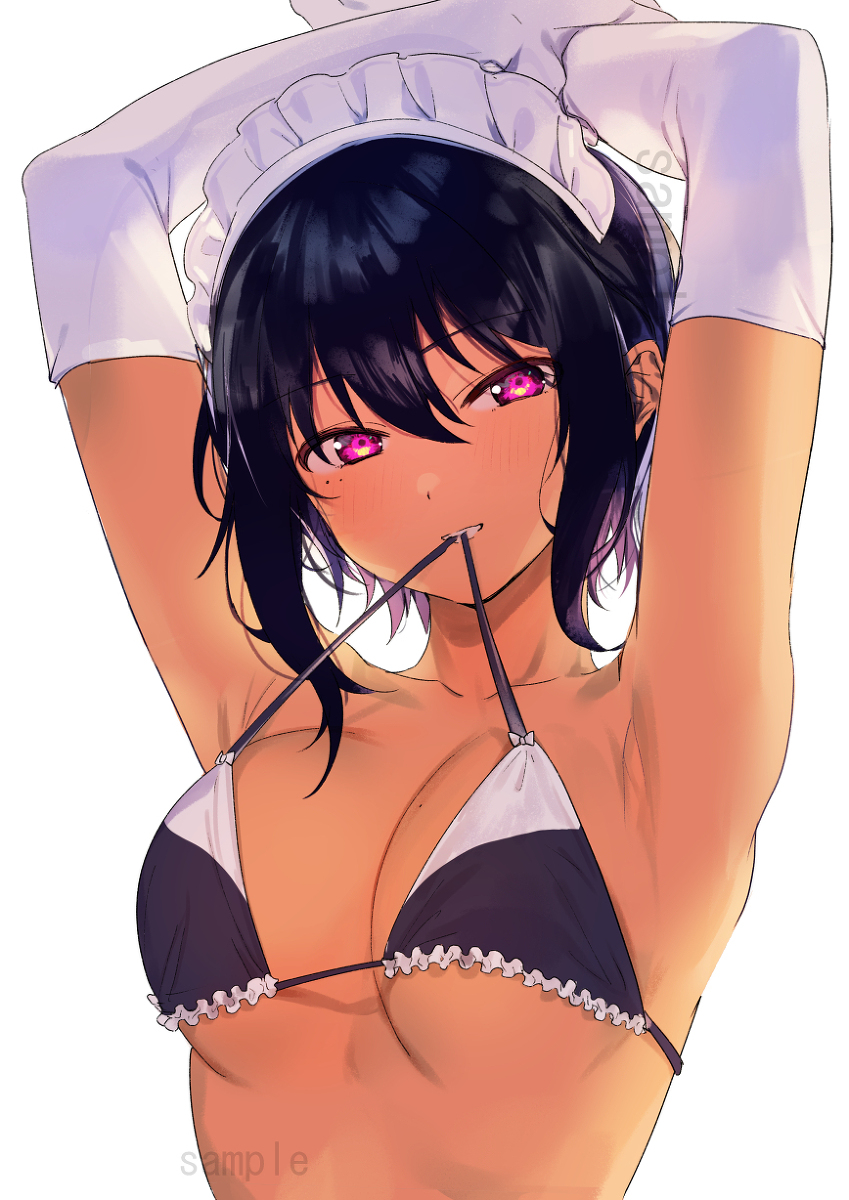 armpits big_breasts bikini bikini_top black_hair dark-skinned_female elbow_gloves female gloves hands_over_head konbu_wakame lilith_(saikin_yatotta_maid_ga_ayashii) long_gloves maid maid_headdress purple_eyes saikin_yatotta_maid_ga_ayashii sample tan_skin watermark