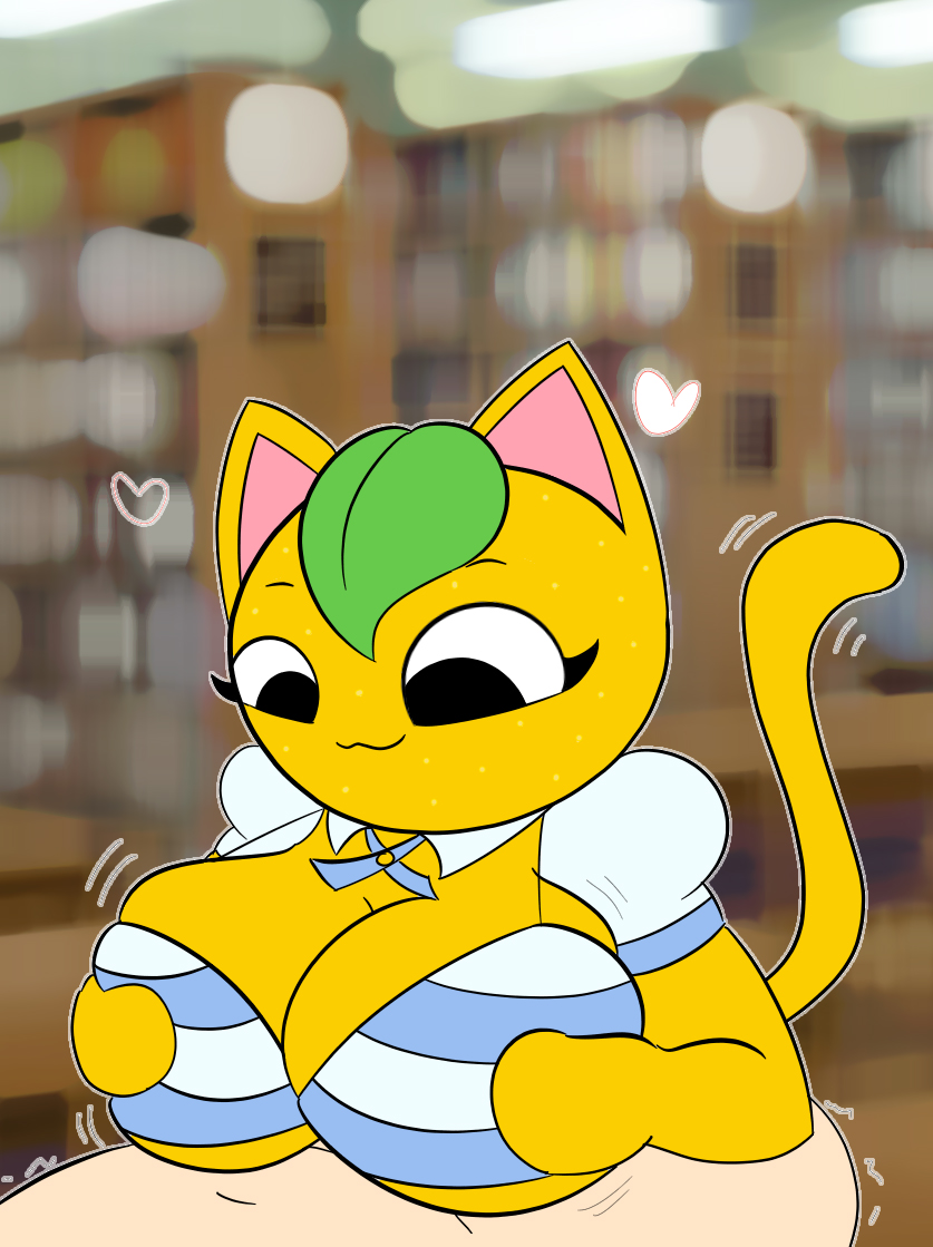 animal_crossing anthro astrolonaut bra breasts cat_ears cat_tail cleavage domestic_cat feline hair heart library nintendo paizuri tail tangy_(animal_crossing) titjob villager_(animal_crossing) year_request