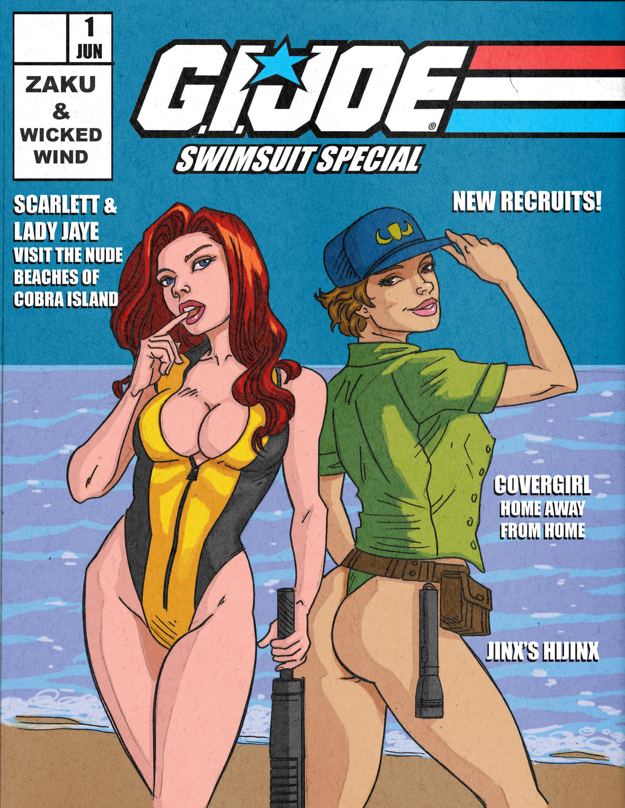 2girls alison_r_hart_burnett ammo_belt ass beach big_breasts breasts flashlight g.i._joe hat lady_jaye looking_at_viewer looking_back magazine_cover scarlett_(g.i._joe) shana_o'hara thong weapon wickedwind