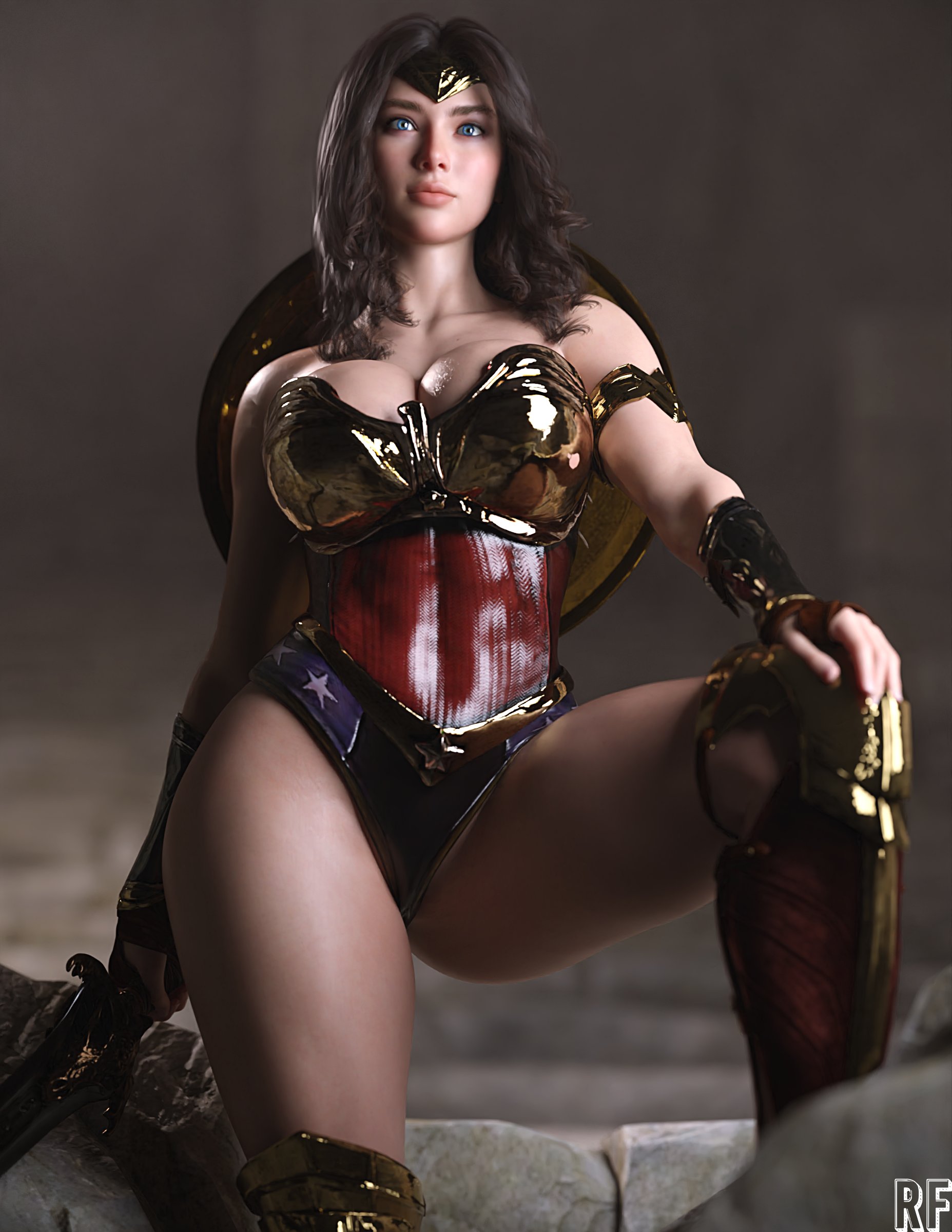 1girls, 3d, 3d (artwork), absurd res, big breasts, breasts, cleavage, clothed, dc, dc comics, diana prince, female, female only, fully clothed, hi res, kneeling, large breasts, rude frog, solo, wonder woman, wonder woman (series)