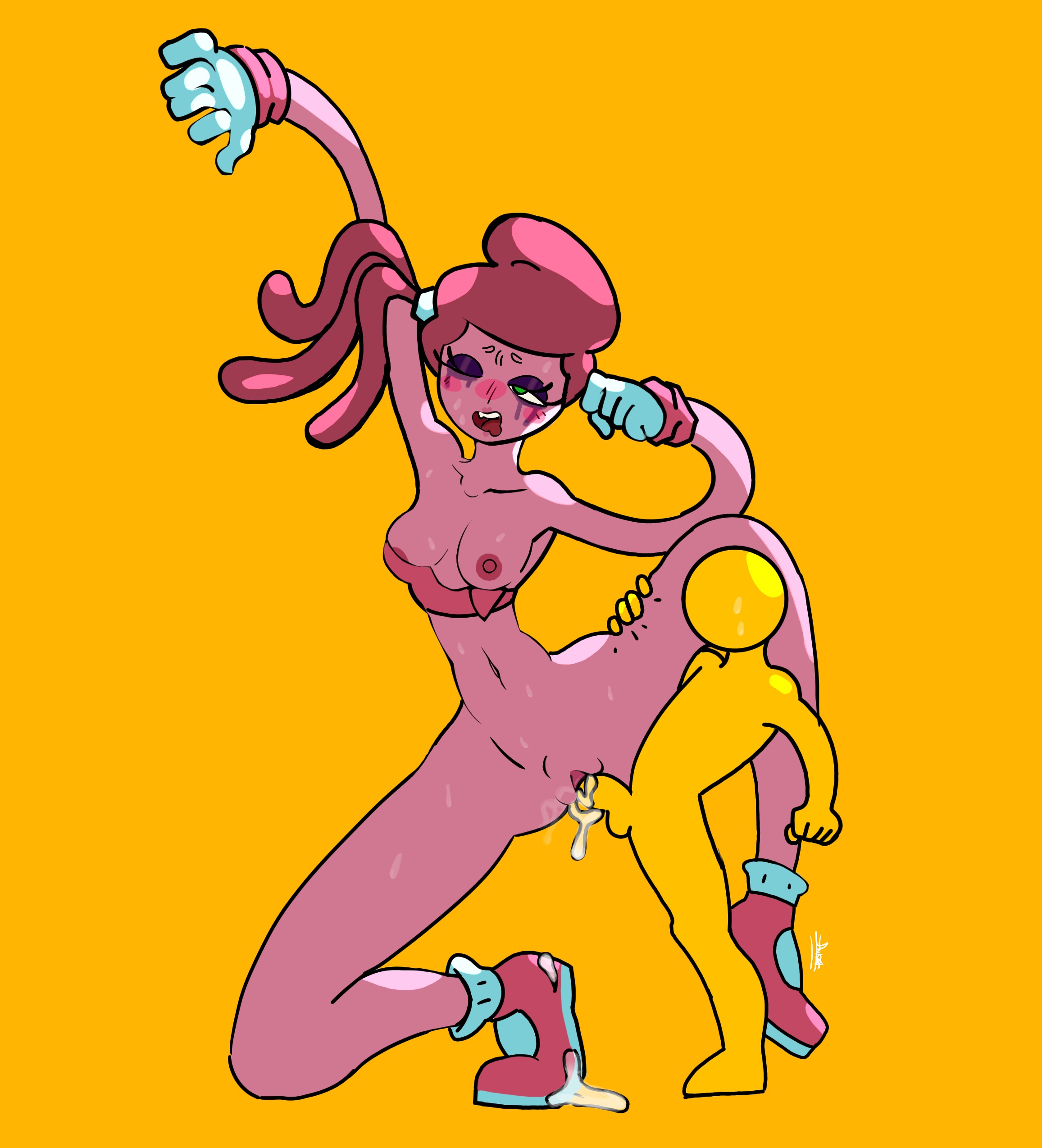 1boy, 1girls, 4inkuniverse, anthro, breasts, breasts out, cum, cum inside, faceless male, female, giantess, green eyes, larger female, male, medium breasts, mommy long legs, monster, monster girl, pink hair, pink skin, poppy playtime, protagonist (poppy playtime), pussy, pussy juice, skinny, small breasts, smaller male, sweat, tagme, tall female