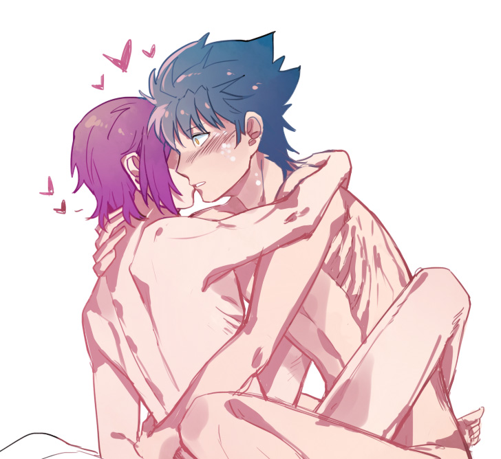 2boys blue_hair blush completely_nude embrace gay gintama heart hearts hearts_around_head hisagi_(hria_h) implied_anal implied_sex kawakami_bansai kissing leg_lock male male_only nude purple_hair sitting takasugi_shinsuke wholesome yaoi